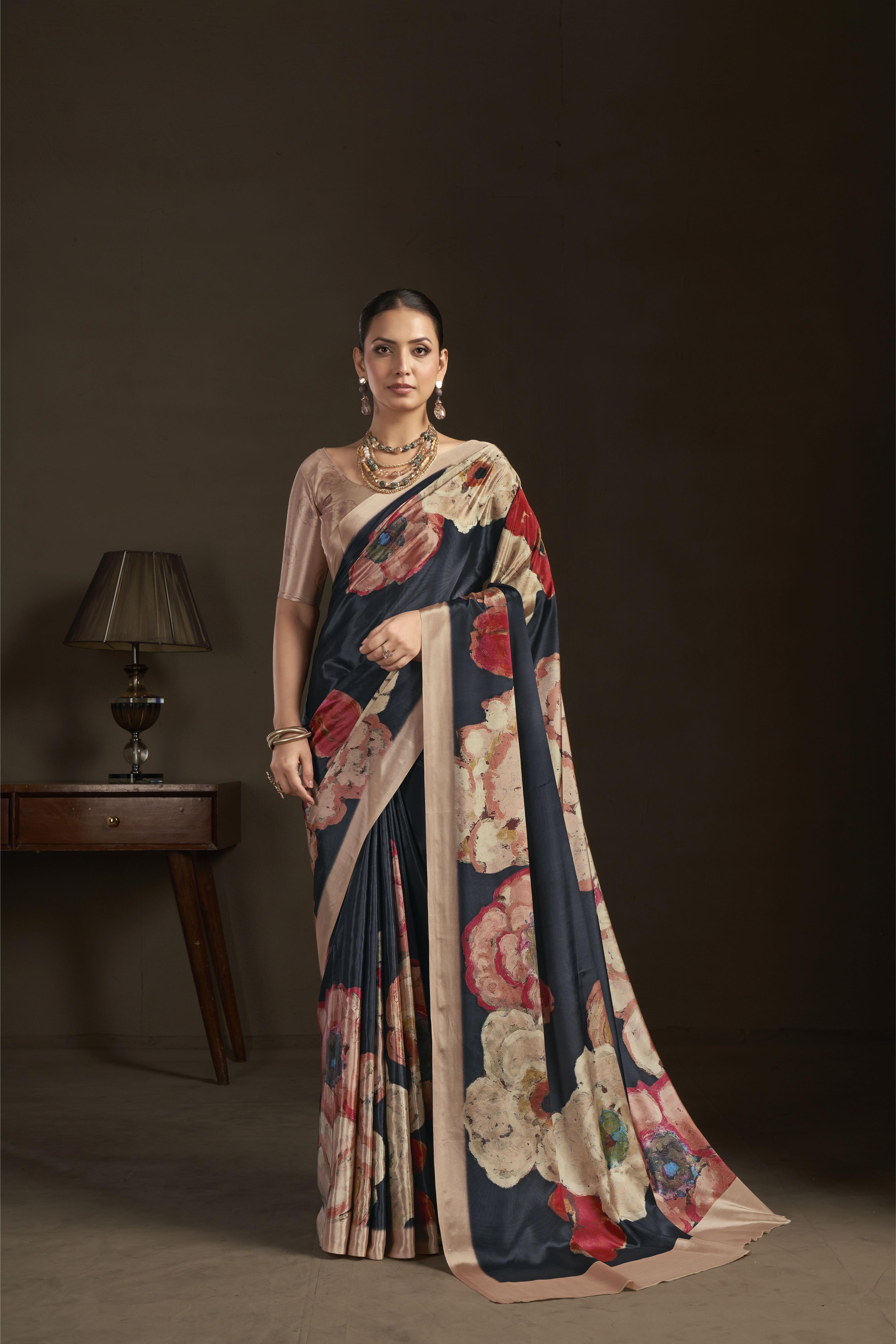 Black Digital Printed Silk Crepe Ready-to-Wear Saree