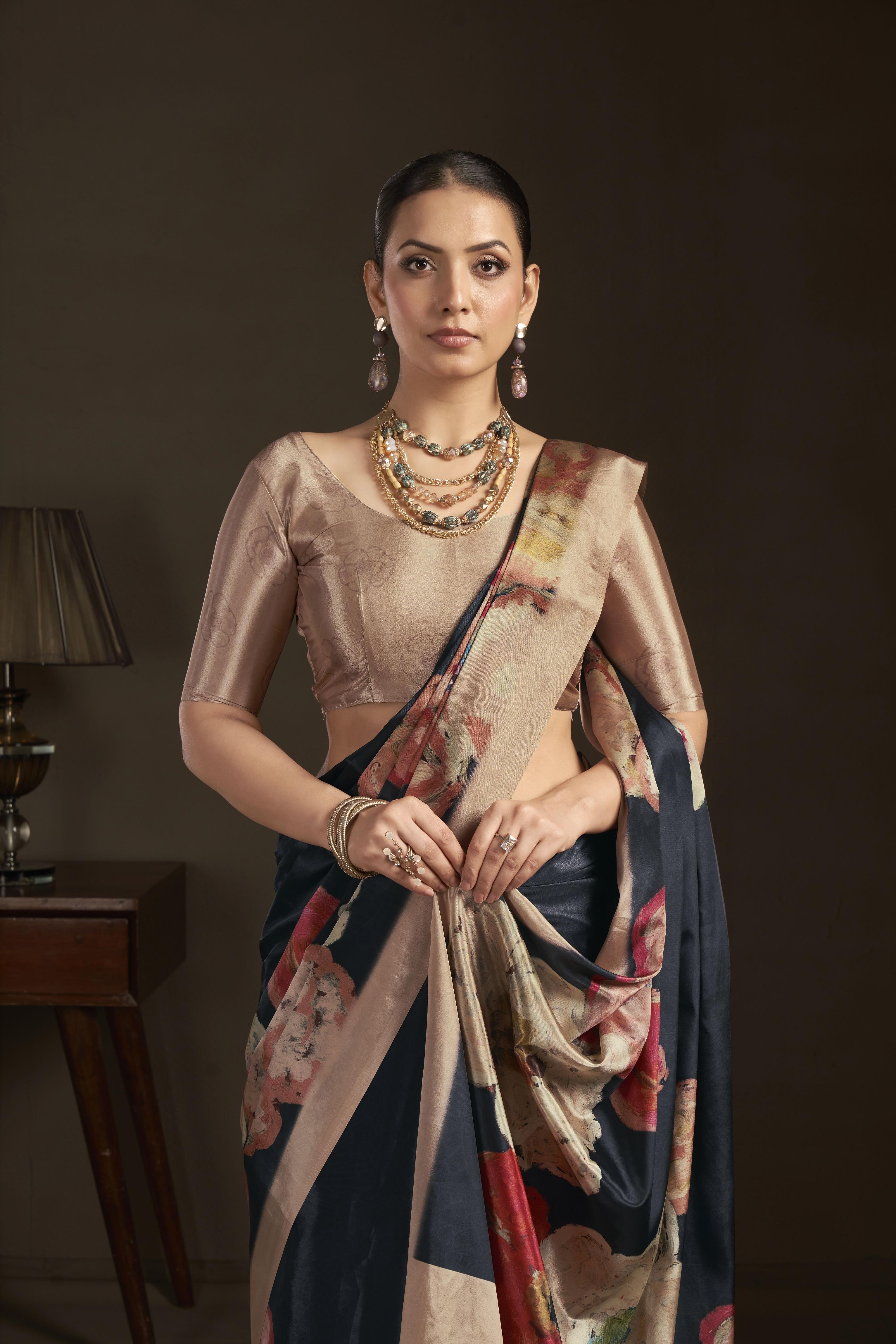 Black Digital Printed Silk Crepe Ready-to-Wear Saree