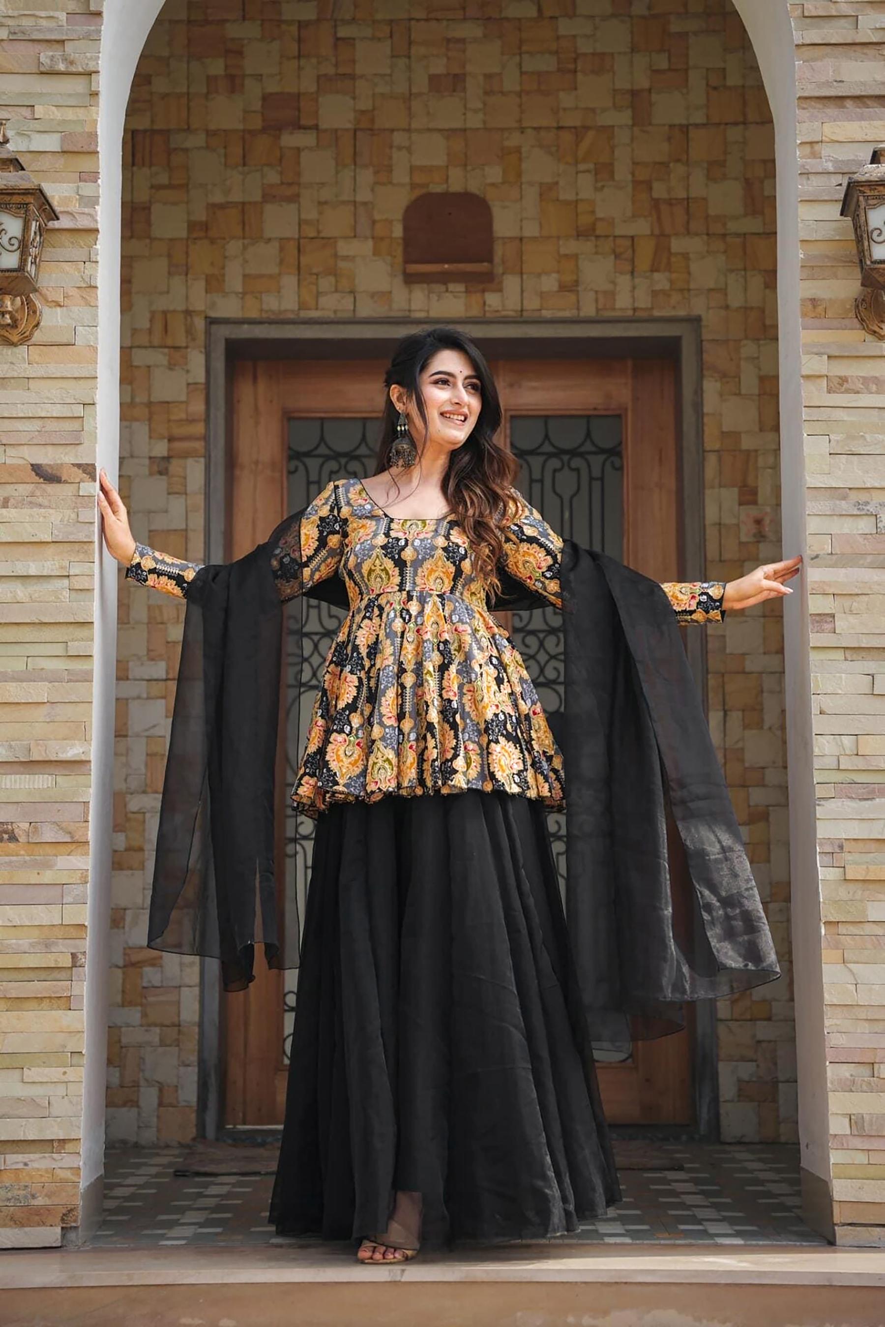 Black Digital Printed Silk Sharara Suit
