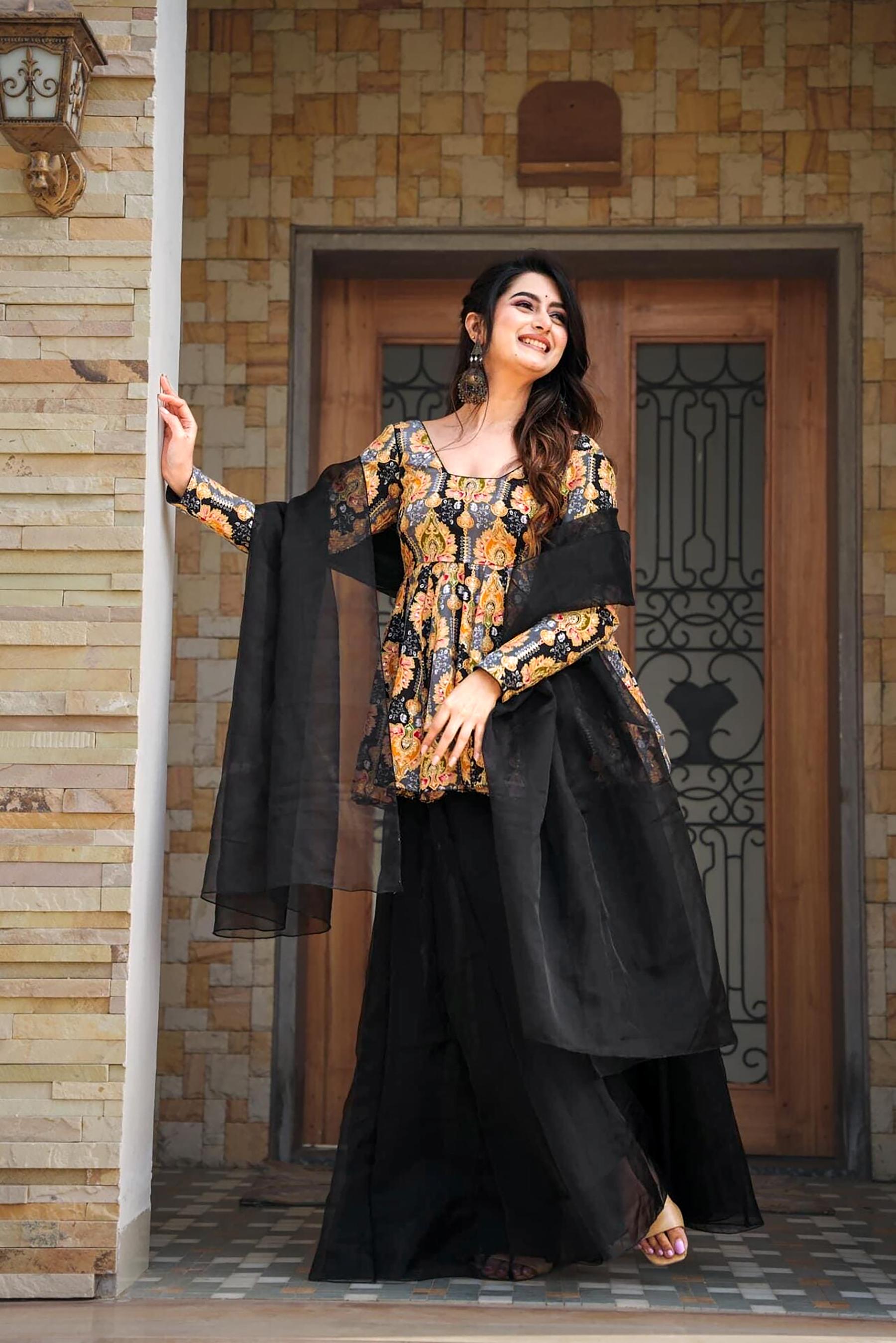 Black Digital Printed Silk Sharara Suit — alternate view