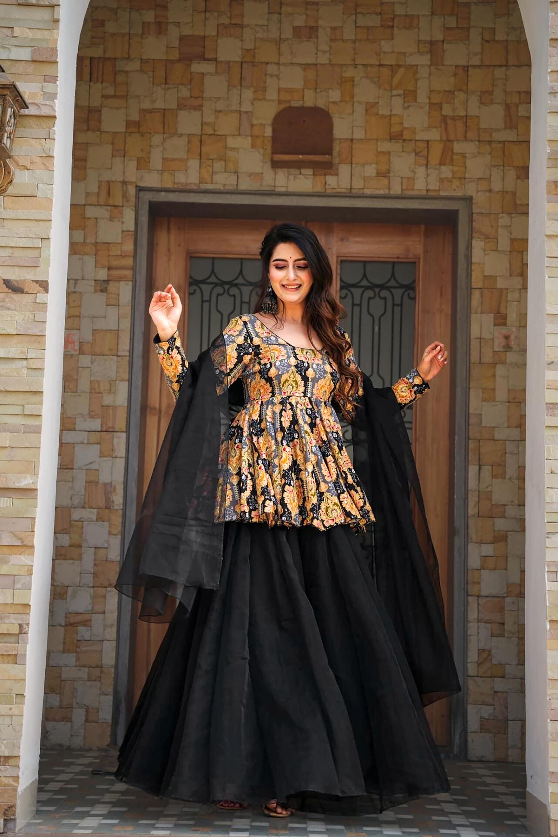 Black Digital Printed Silk Sharara Suit