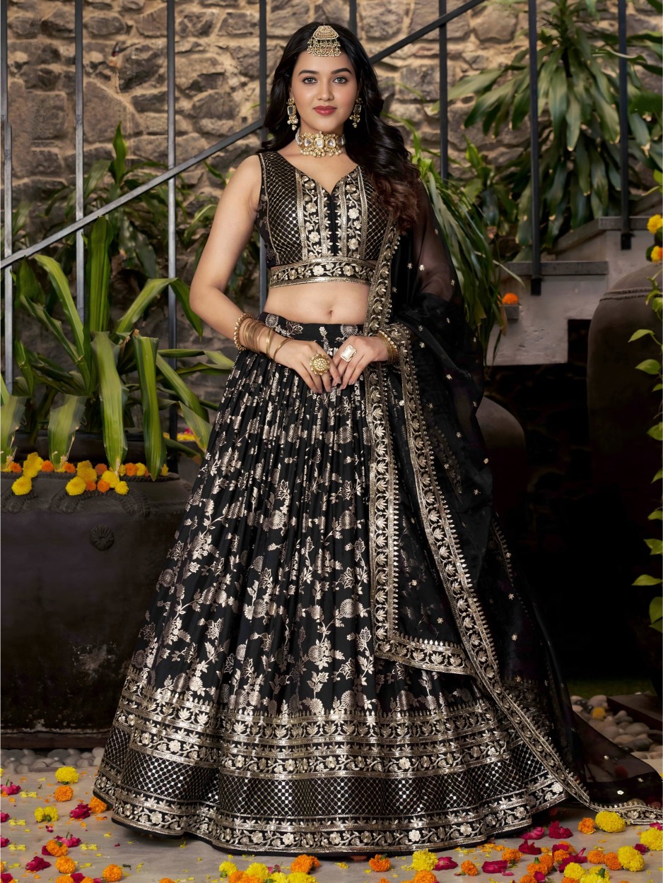 Black Dola Silk Jacquard Bridal Lehenga