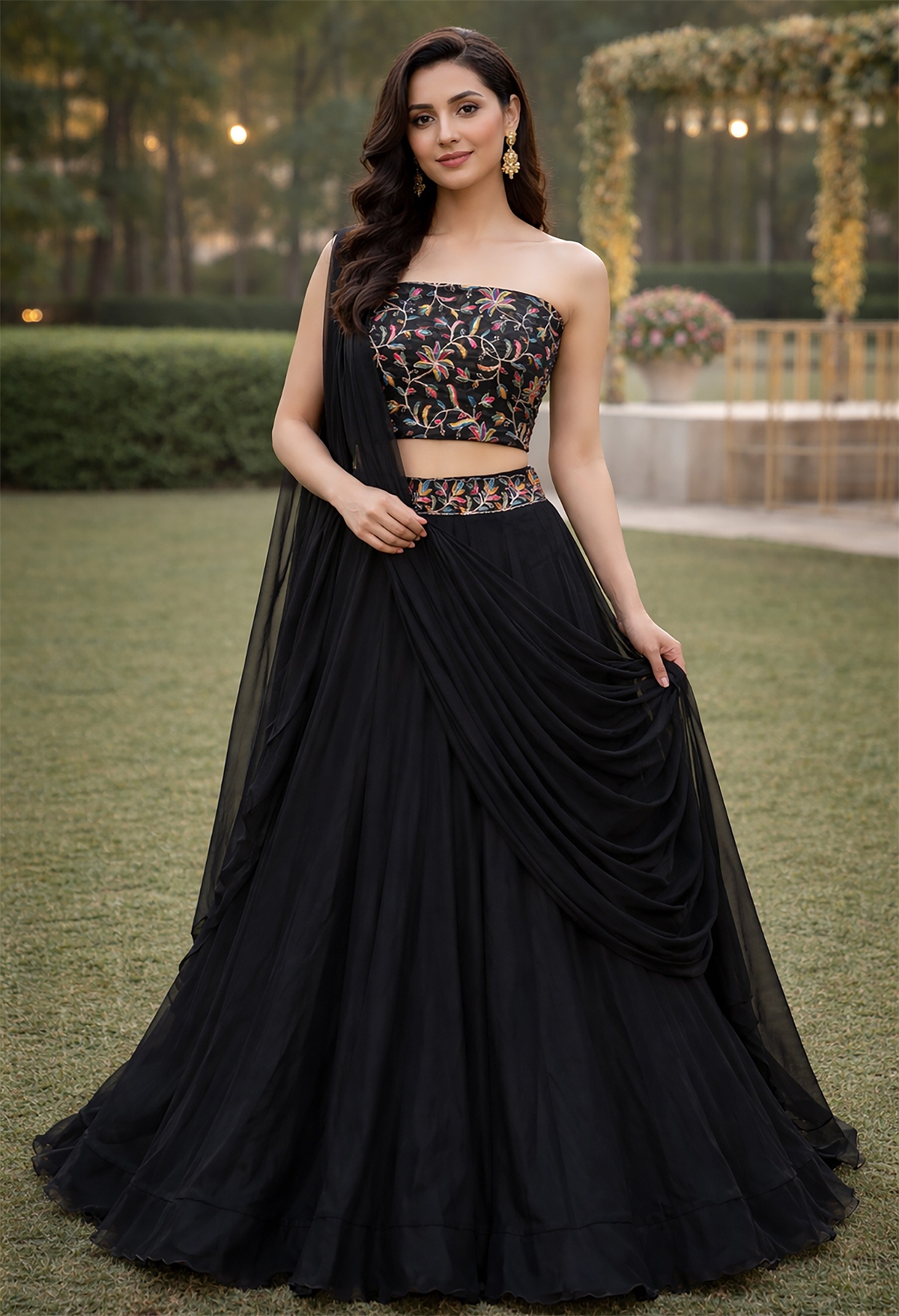 Black Draped Rangoli Silk Lehenga Choli