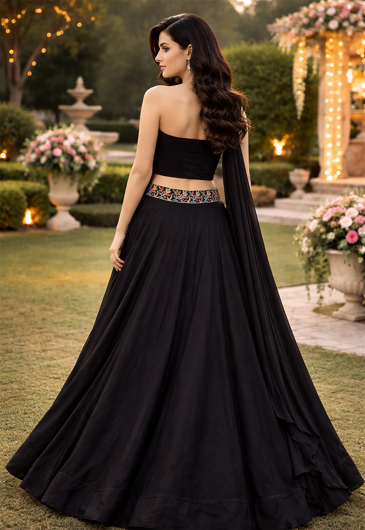 Black Draped Rangoli Silk Lehenga Choli
