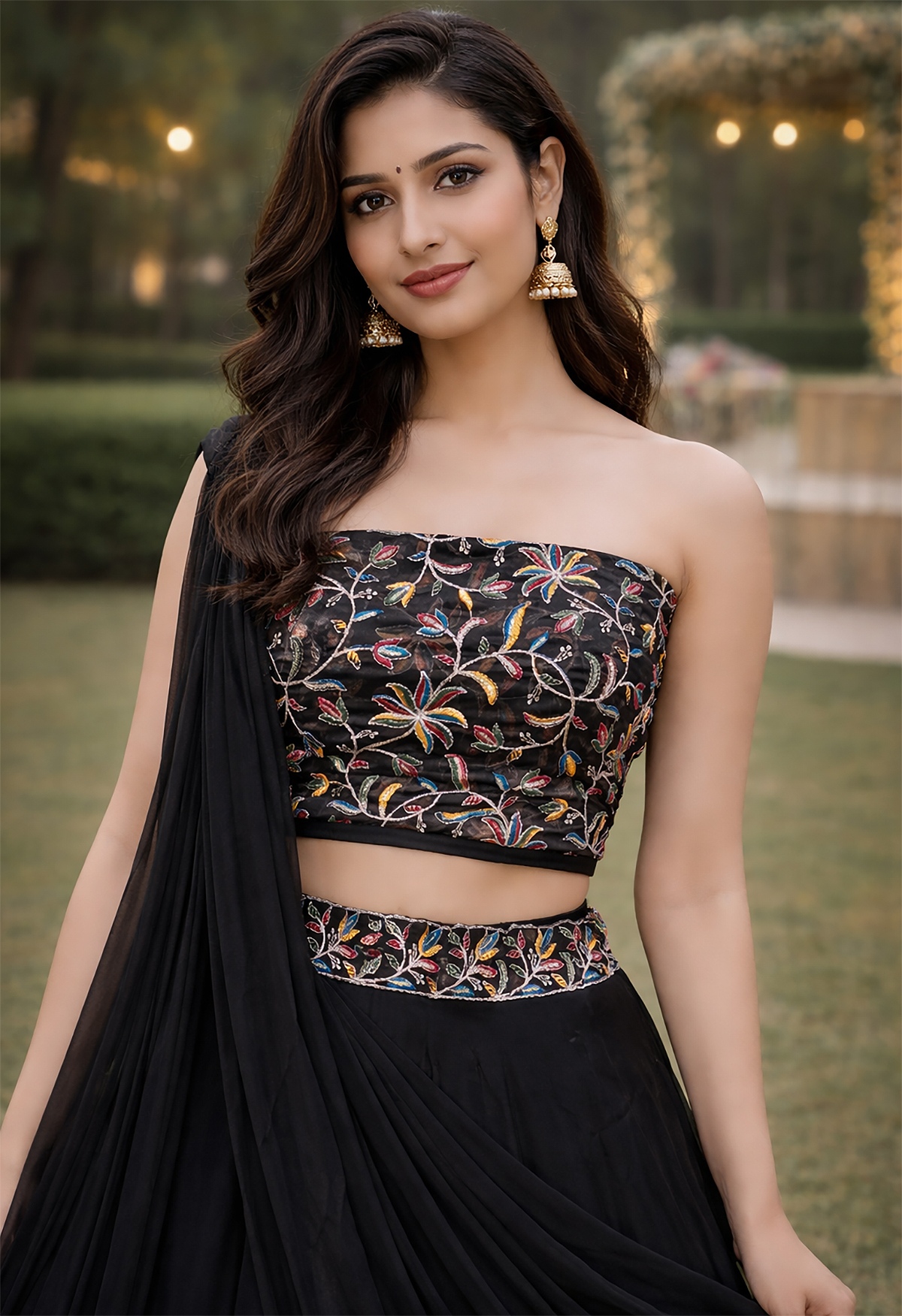 Black Draped Rangoli Silk Lehenga Choli