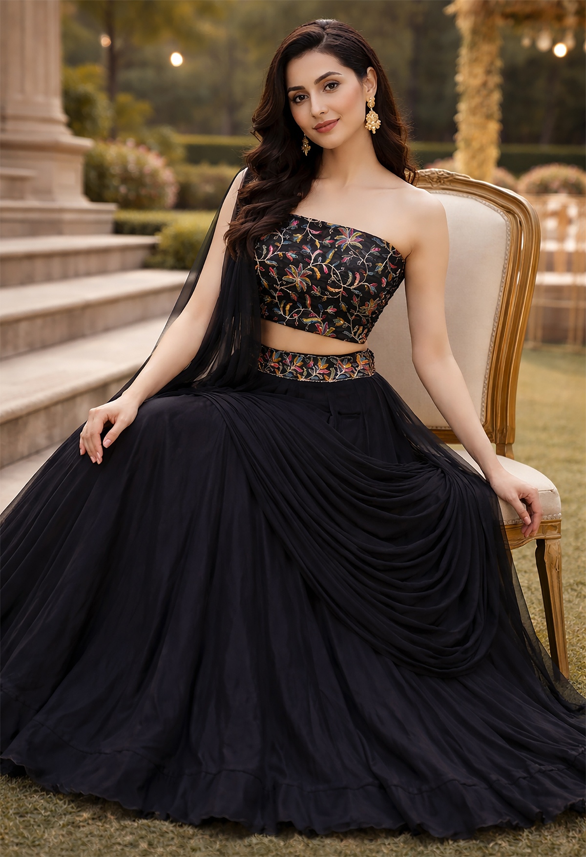 Black Draped Rangoli Silk Lehenga Choli