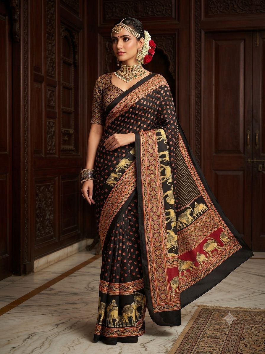 Black Elephant Motif Printed Crepe Silk Saree