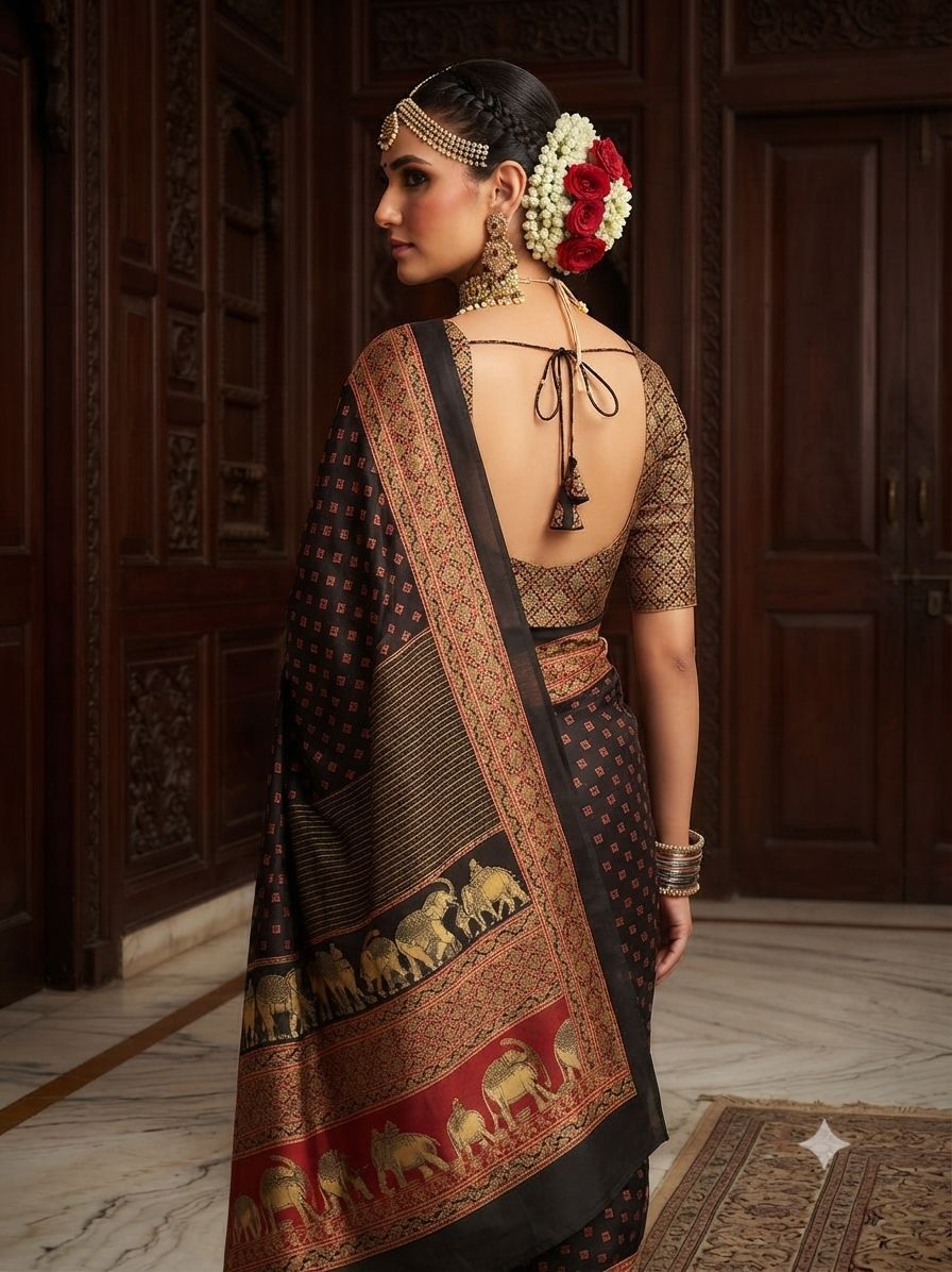 Black Elephant Motif Printed Crepe Silk Saree — alternate view