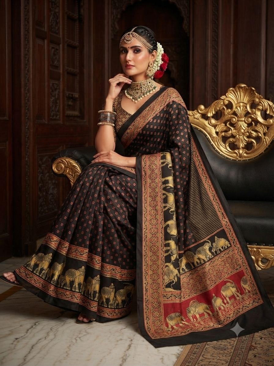 Black Elephant Motif Printed Crepe Silk Saree