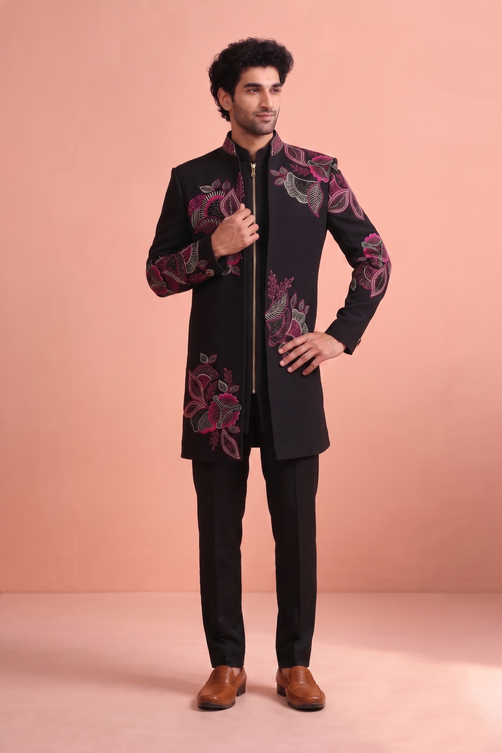 Black Embroidered Armani Indo-Western Sherwani
