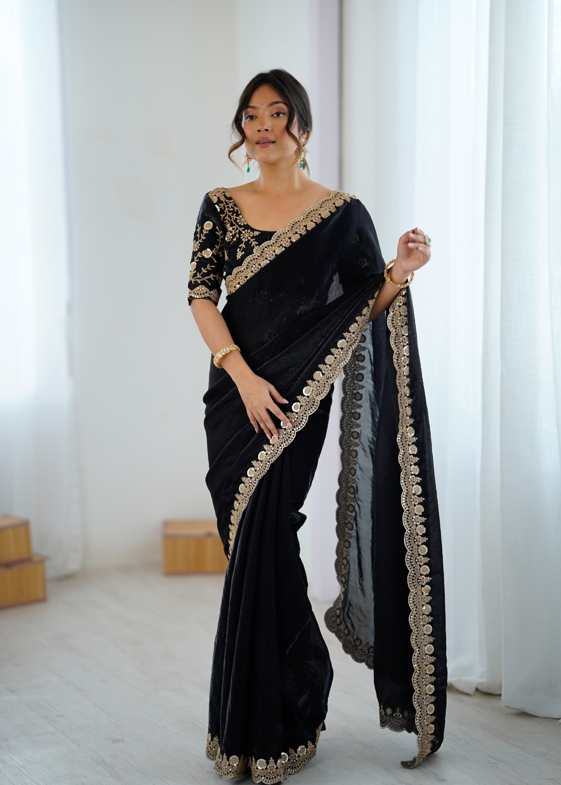 Black Embroidered Fendy Satin Saree