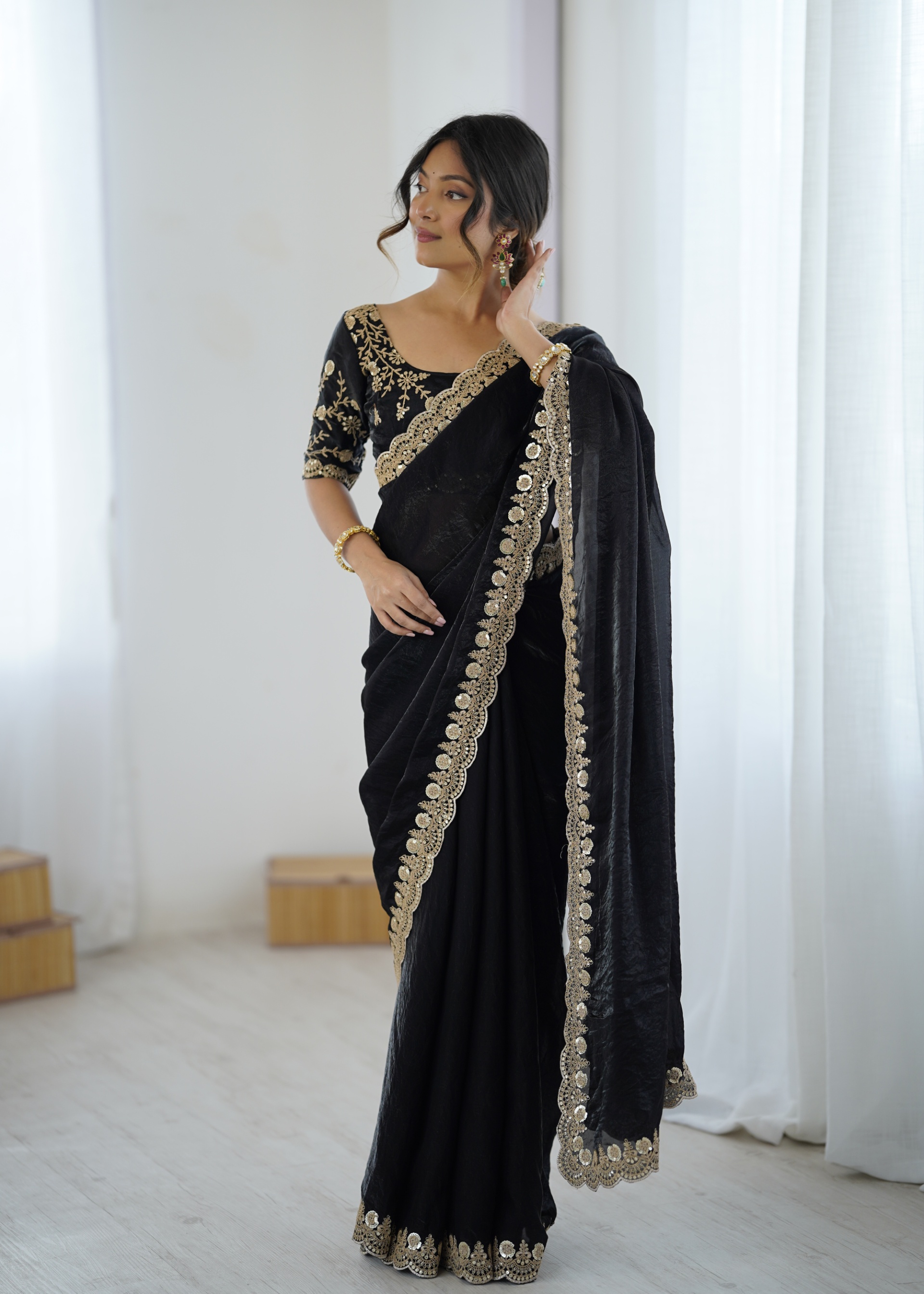 Black Embroidered Fendy Satin Saree — alternate view
