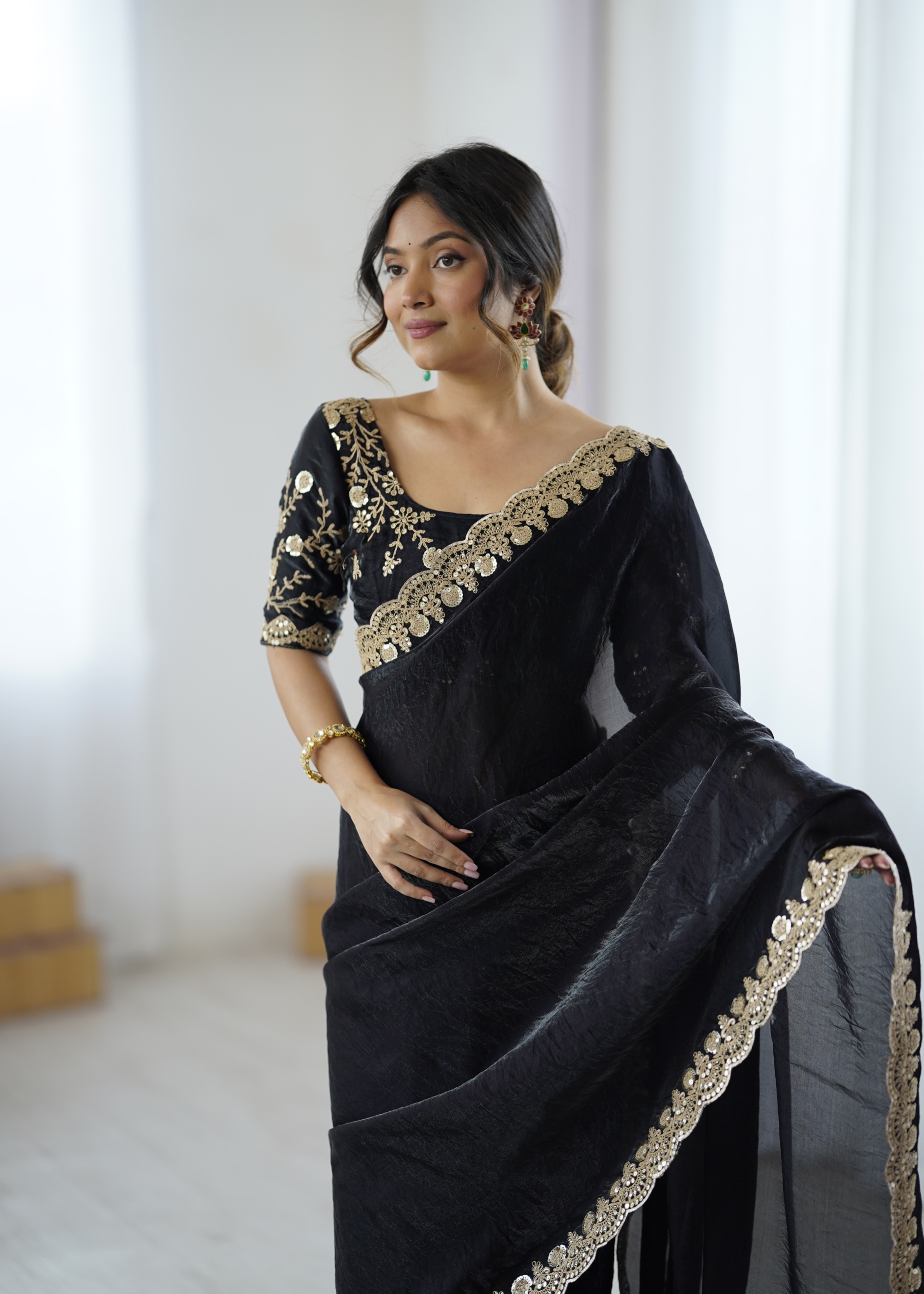 Black Embroidered Fendy Satin Saree