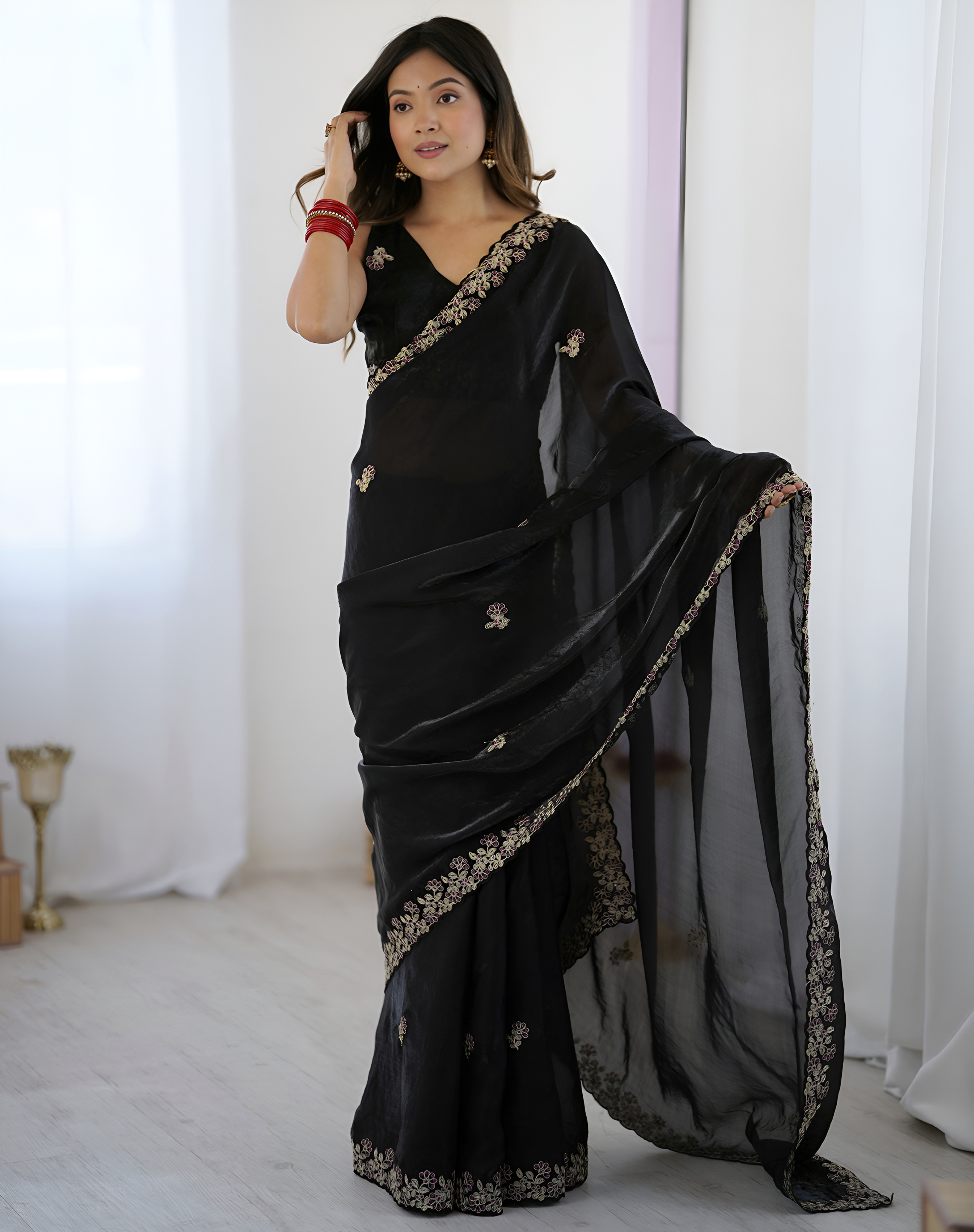 Black Embroidered Fendy Satin Silk Saree