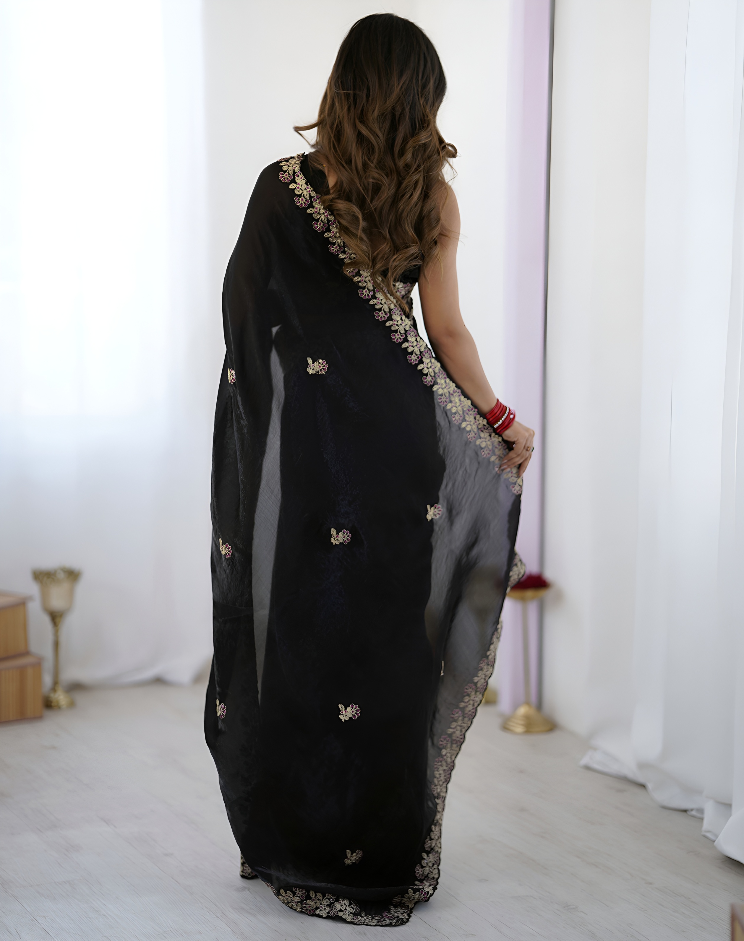 Black Embroidered Fendy Satin Silk Saree — alternate view