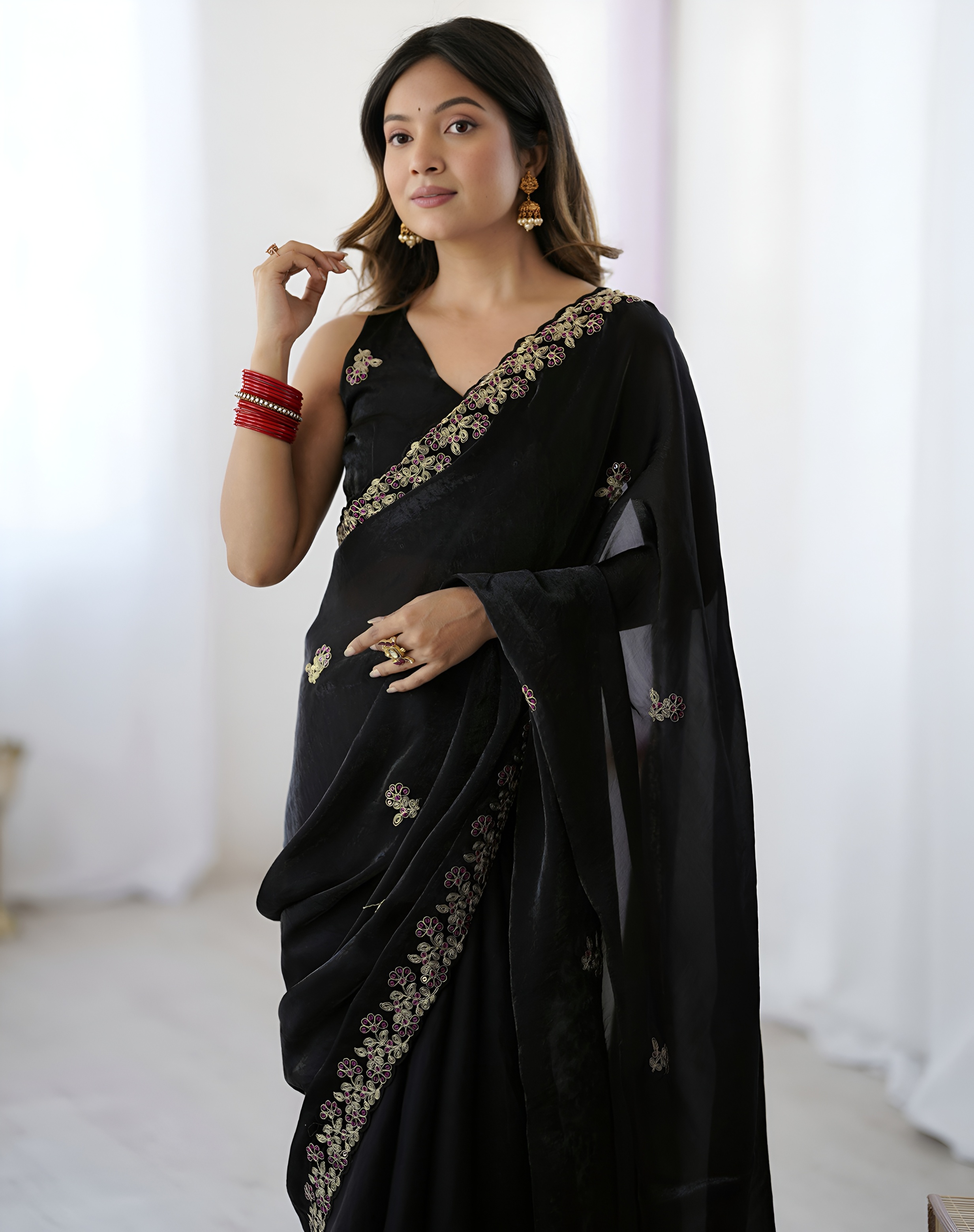 Black Embroidered Fendy Satin Silk Saree