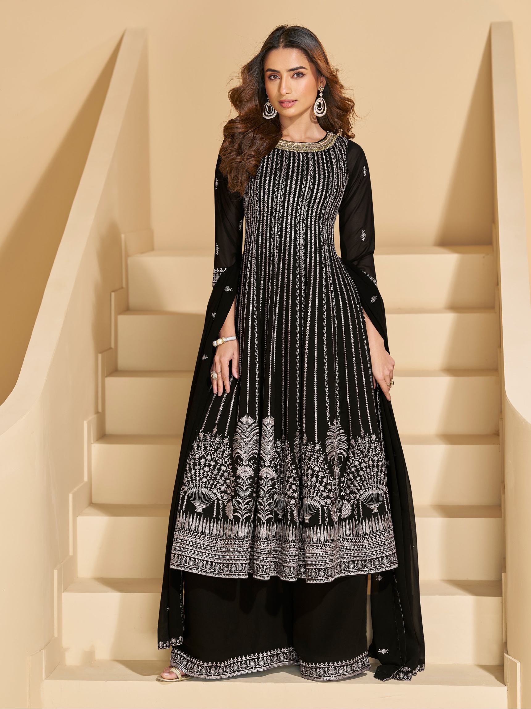 Black Embroidered Georgette Palazzo Suit