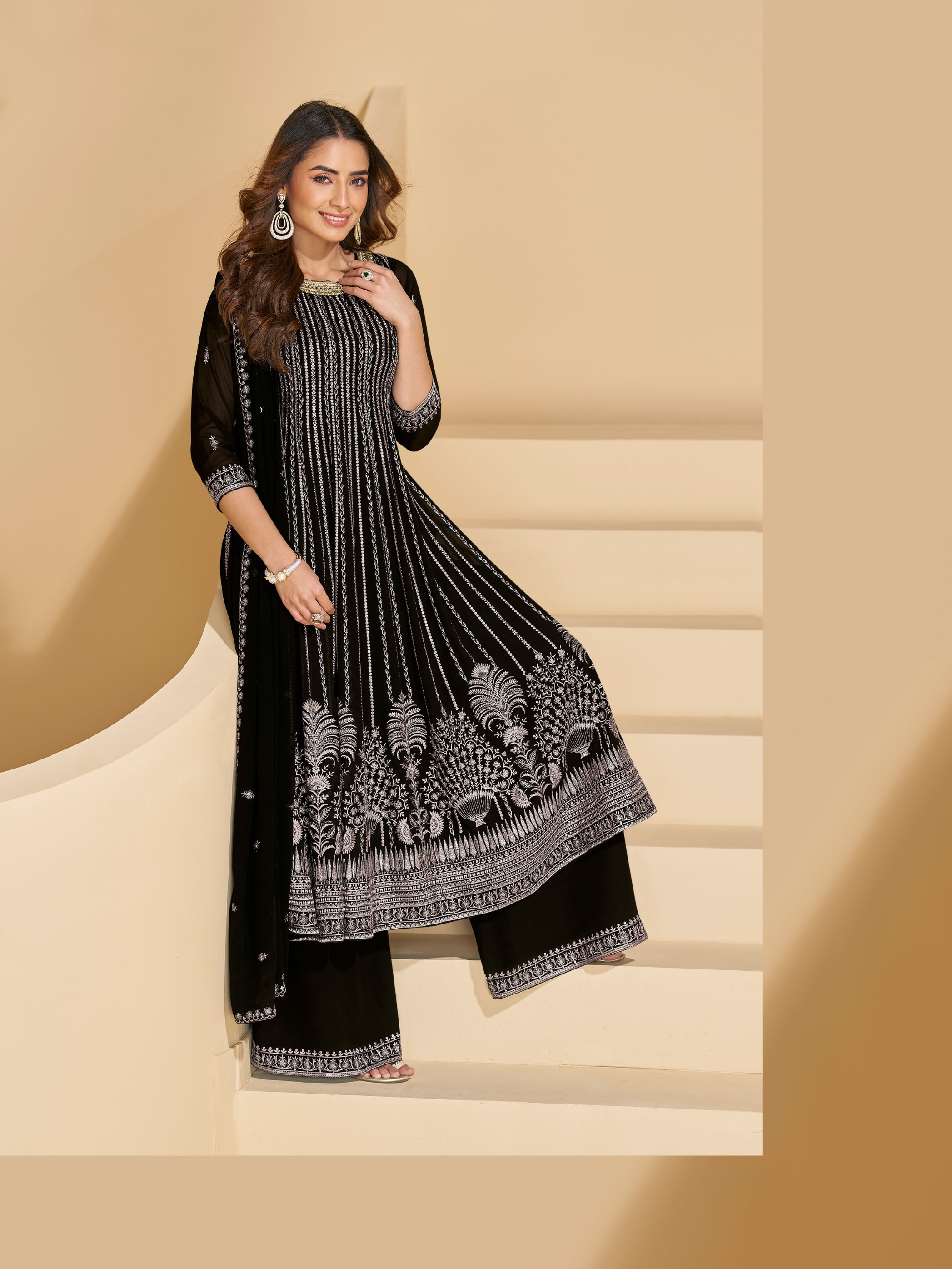 Black Embroidered Georgette Palazzo Suit