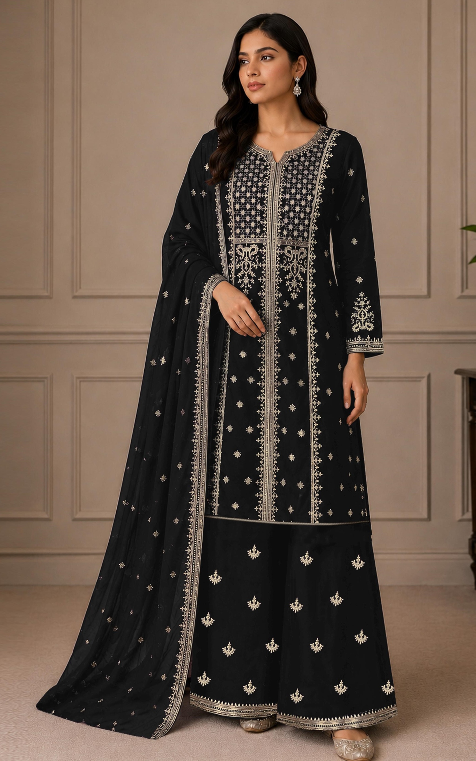 Black Embroidered Georgette Palazzo Suit