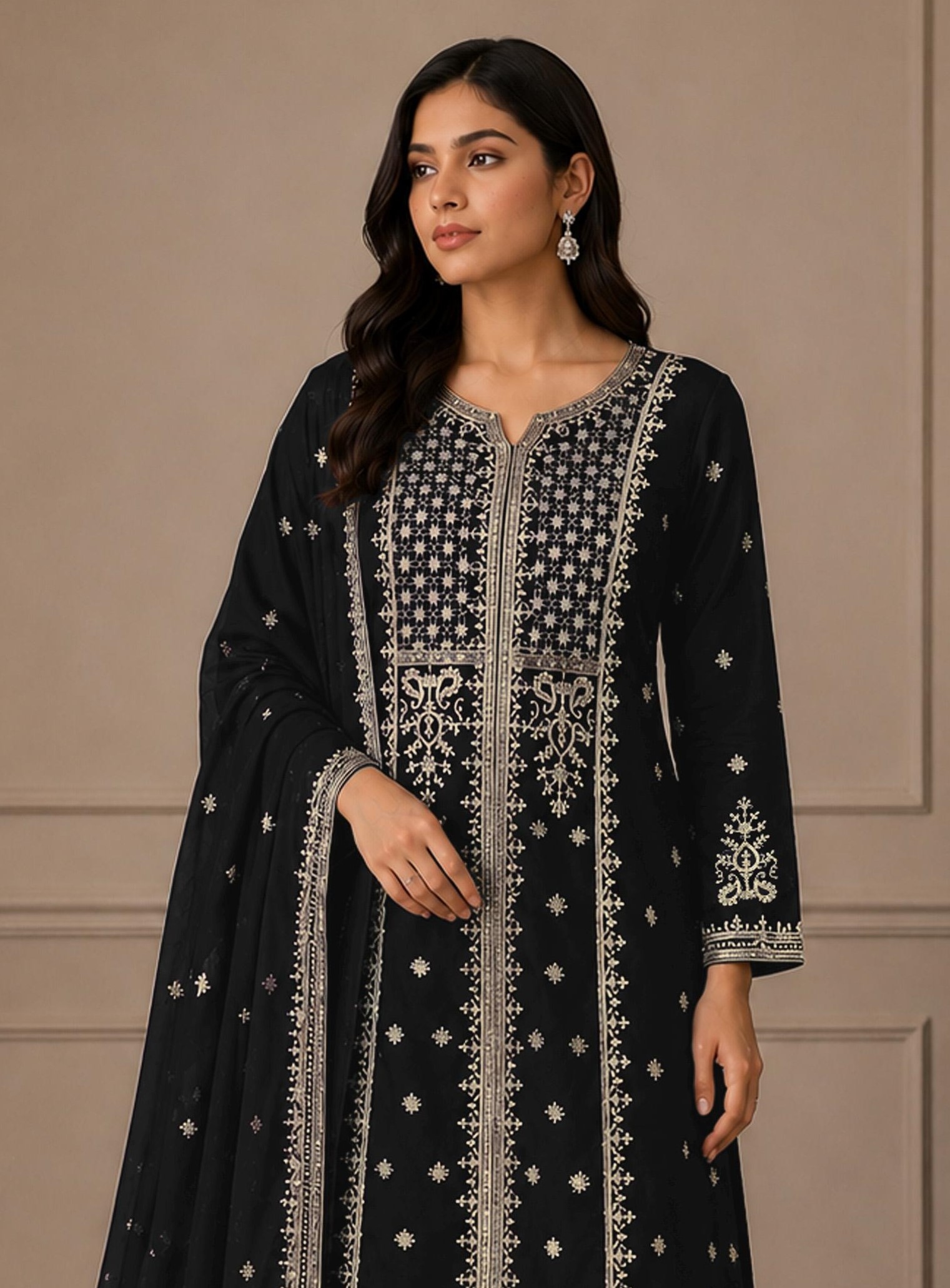 Black Embroidered Georgette Palazzo Suit — alternate view
