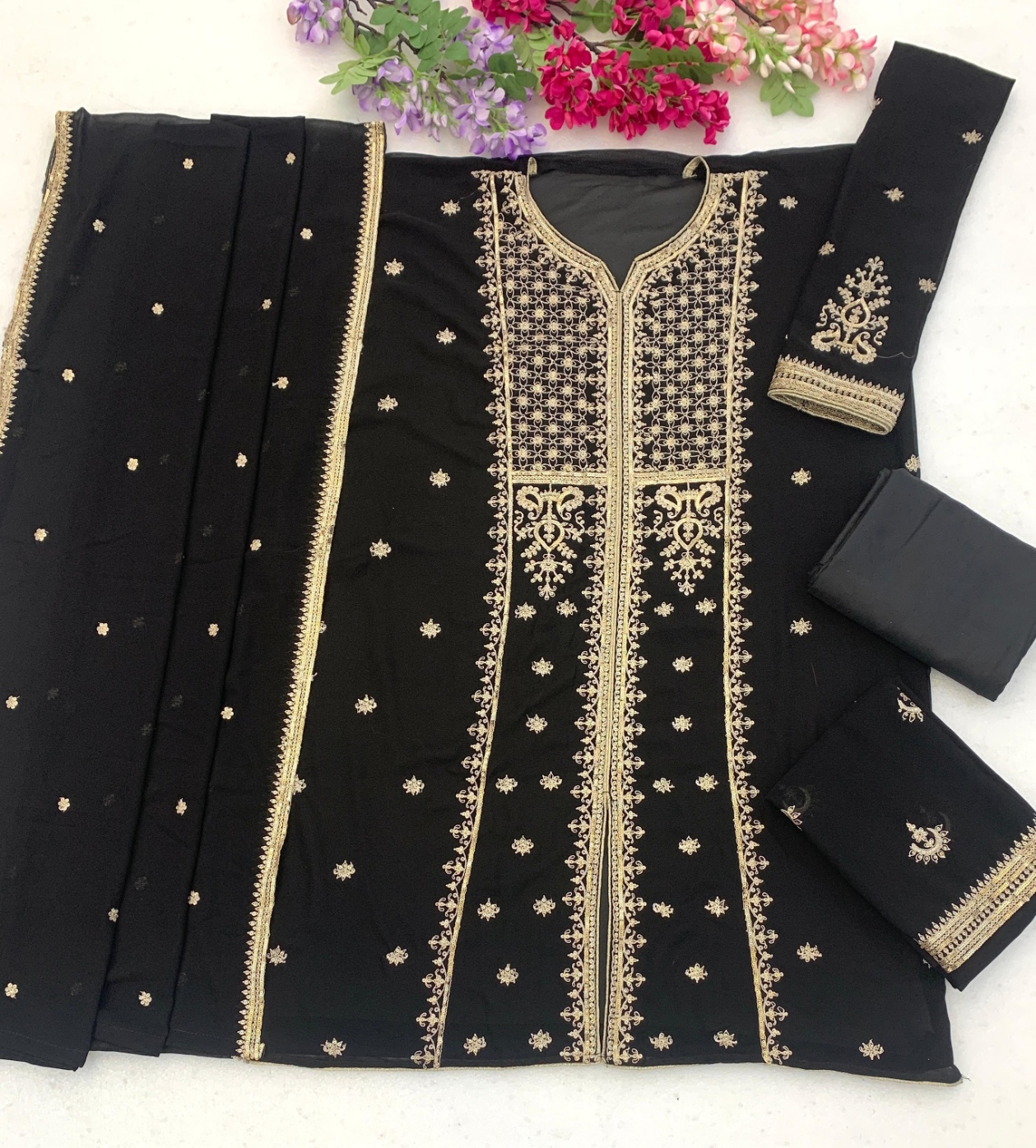 Black Embroidered Georgette Palazzo Suit