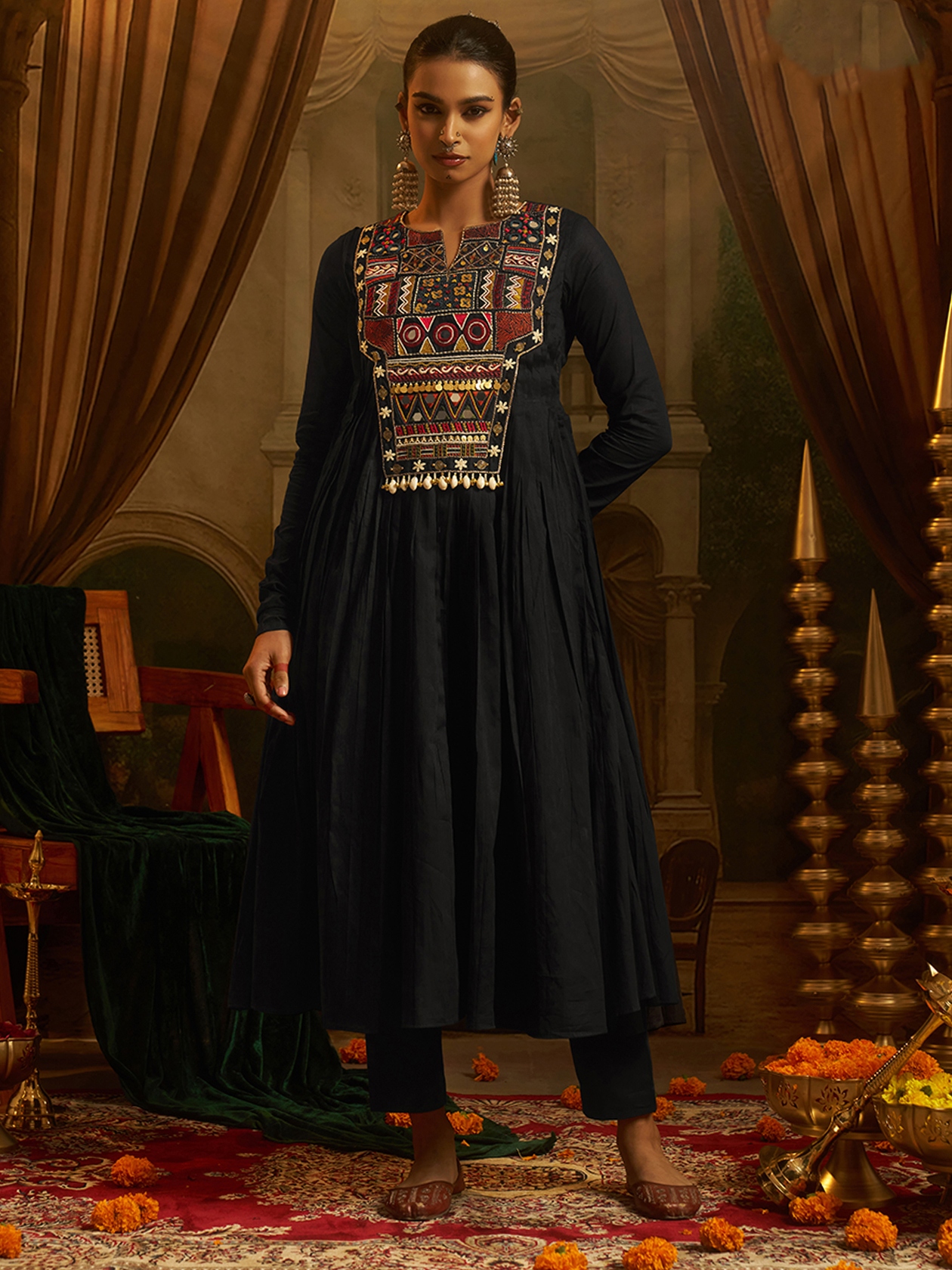 Black Embroidered Mul Cotton Anarkali Kurta