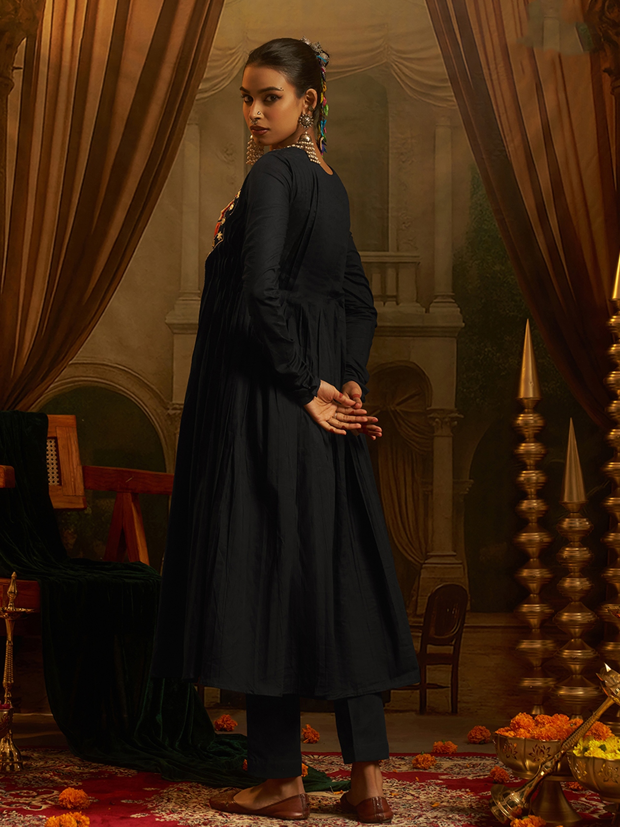 Black Embroidered Mul Cotton Anarkali Kurta — alternate view