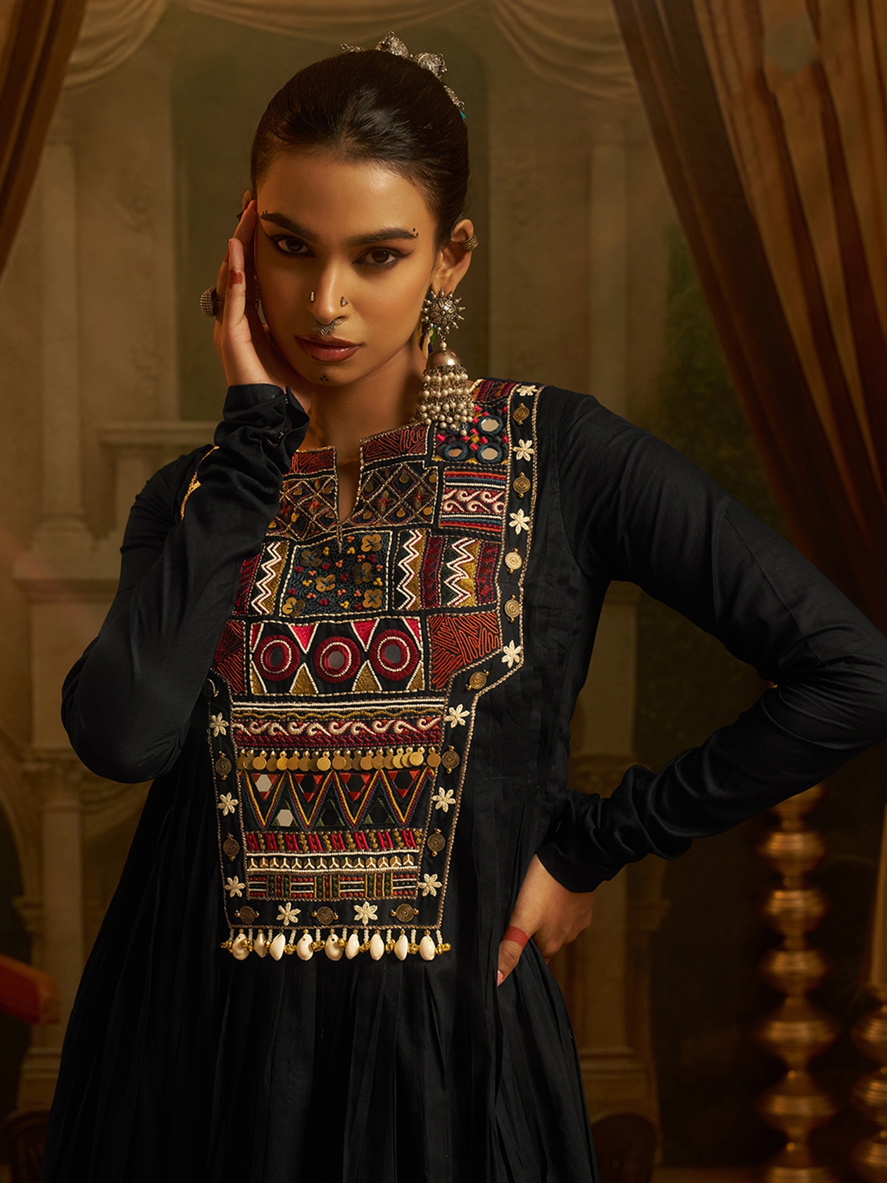 Black Embroidered Mul Cotton Anarkali Kurta