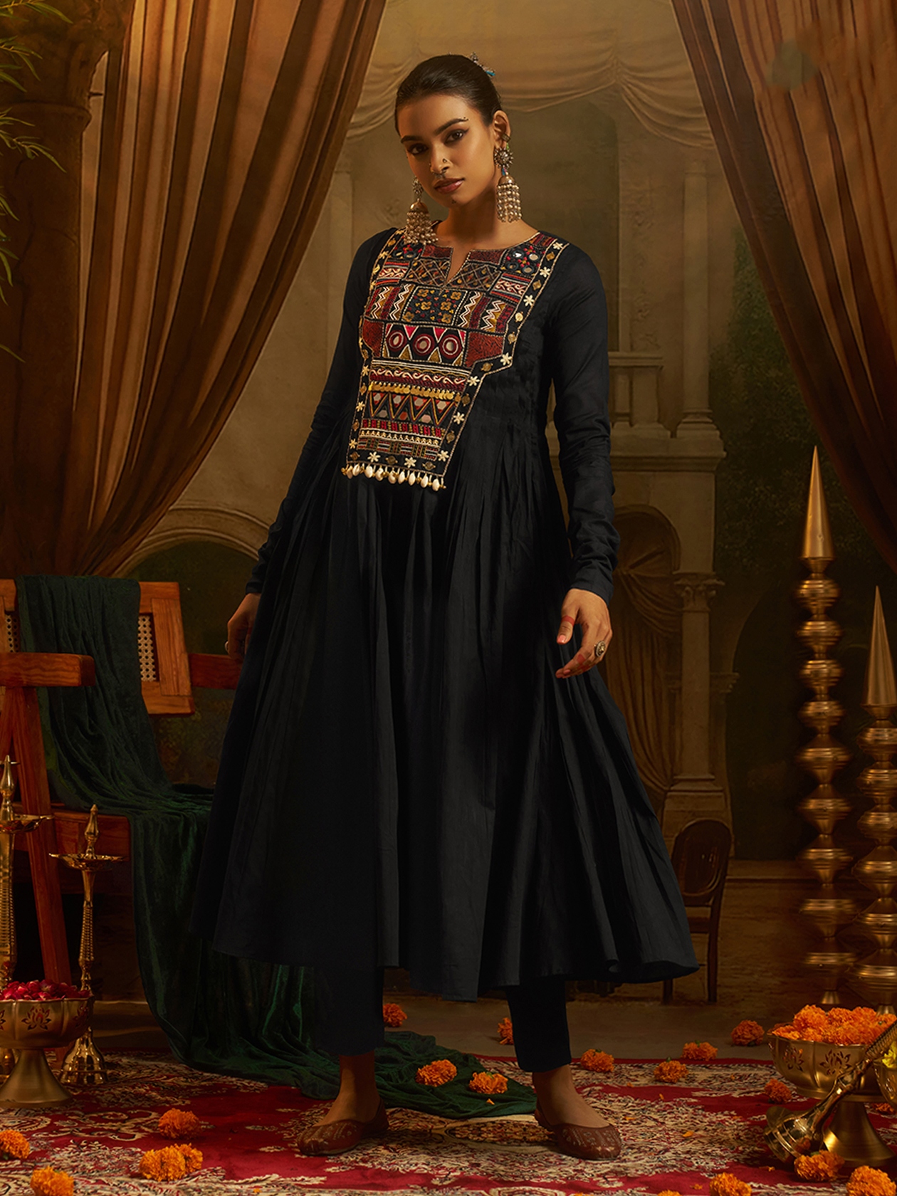 Black Embroidered Mul Cotton Anarkali Kurta