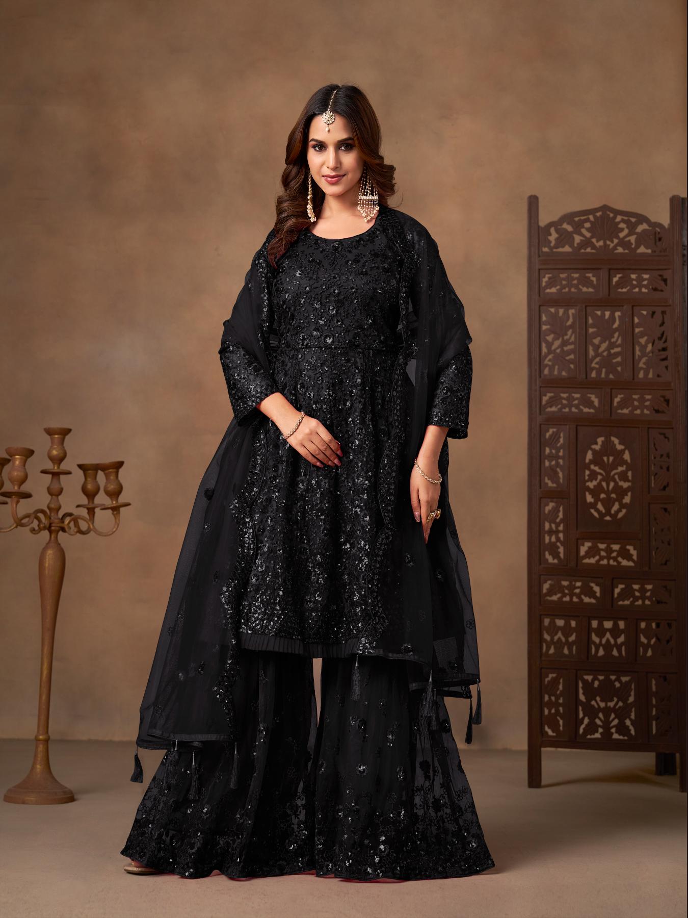 Black Embroidered Net Sharara Suit