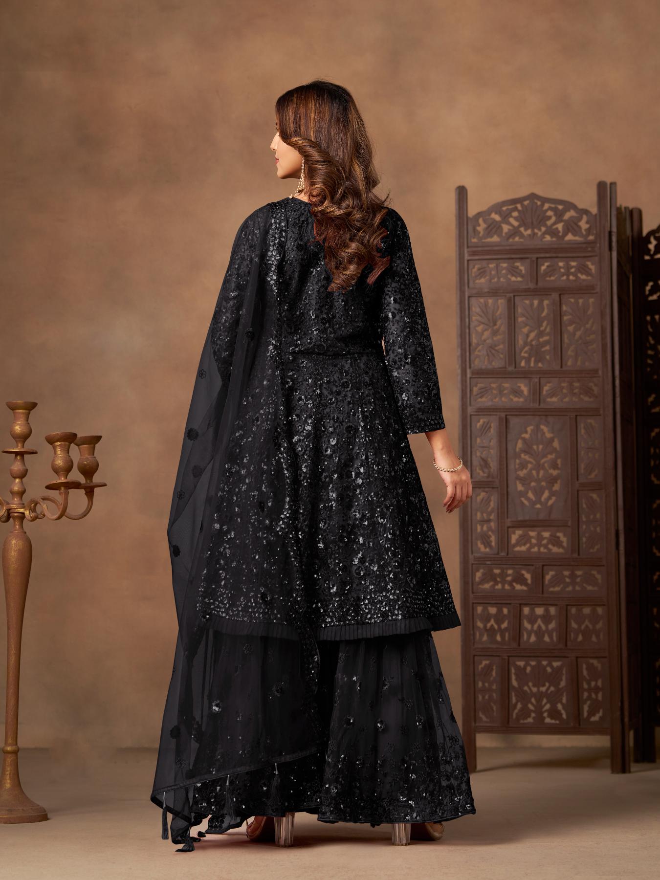 Black Embroidered Net Sharara Suit — alternate view