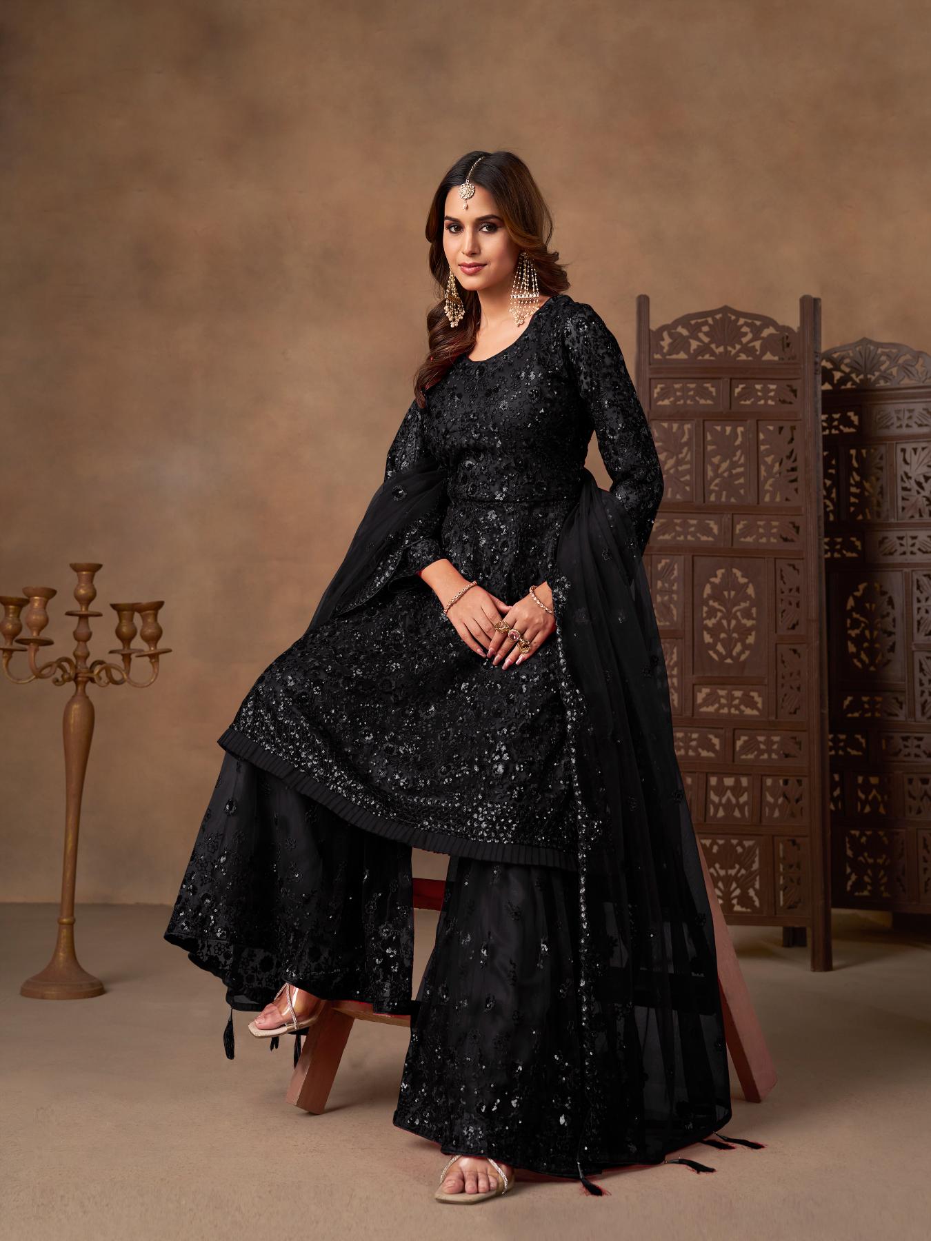 Black Embroidered Net Sharara Suit
