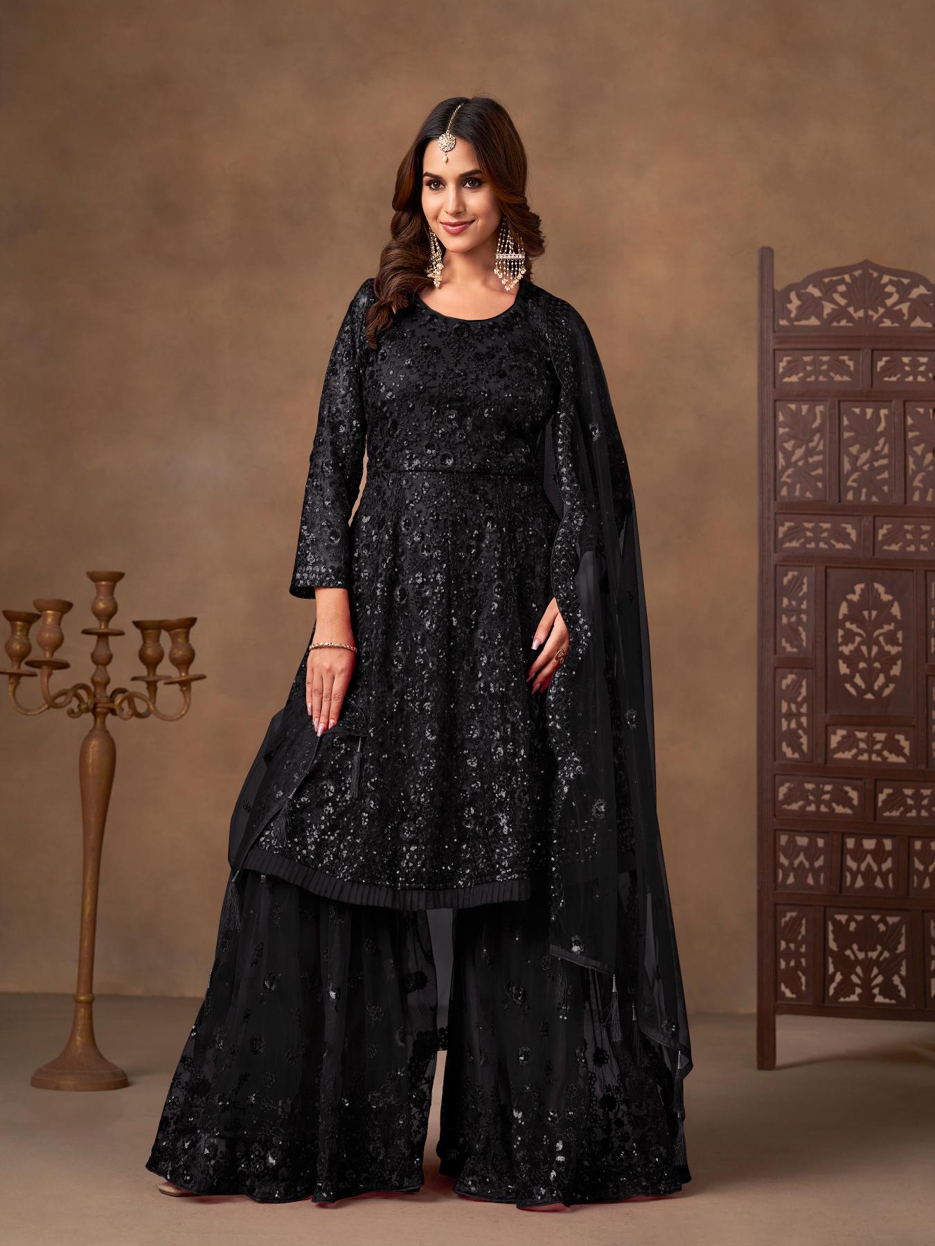 Black Embroidered Net Sharara Suit