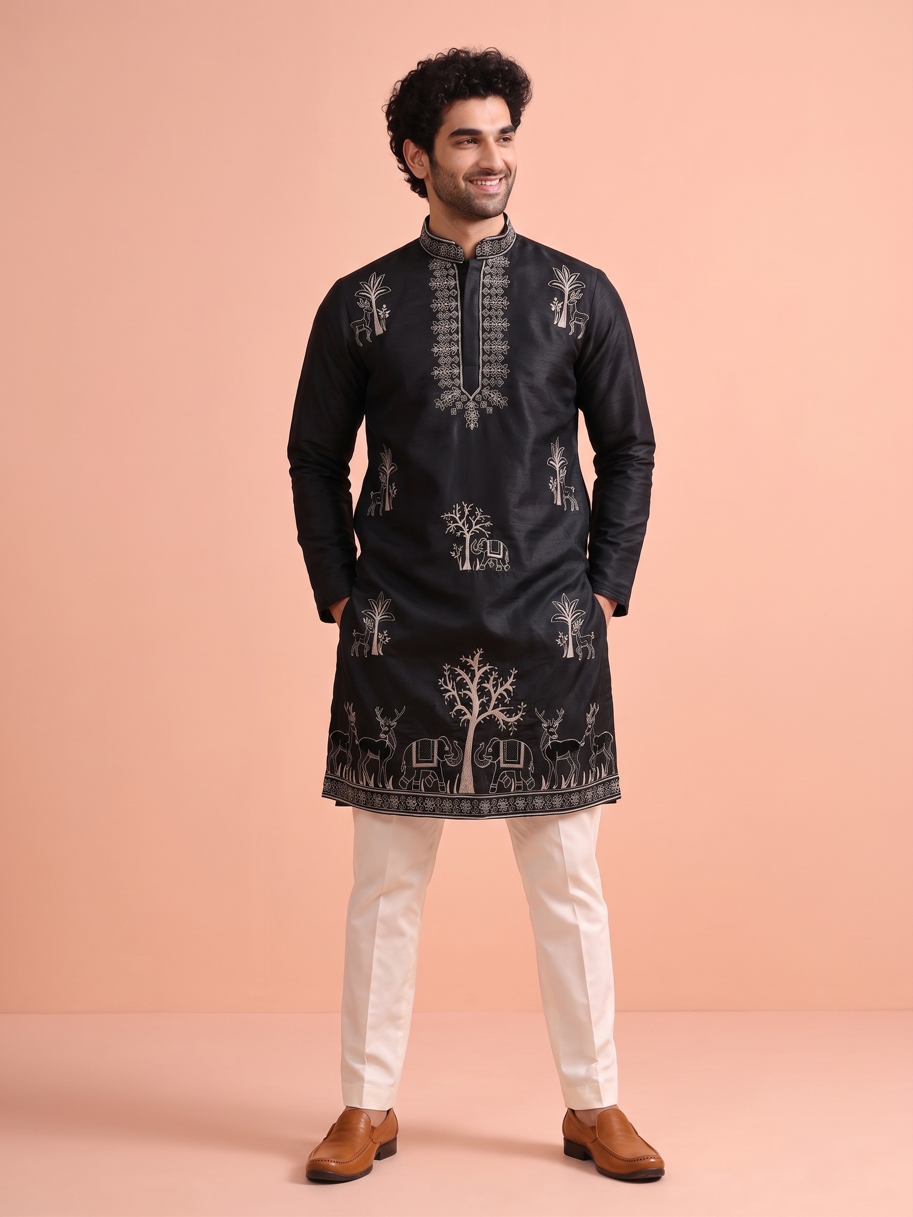 Black Embroidered Nio Satin Kurta Trouser Set