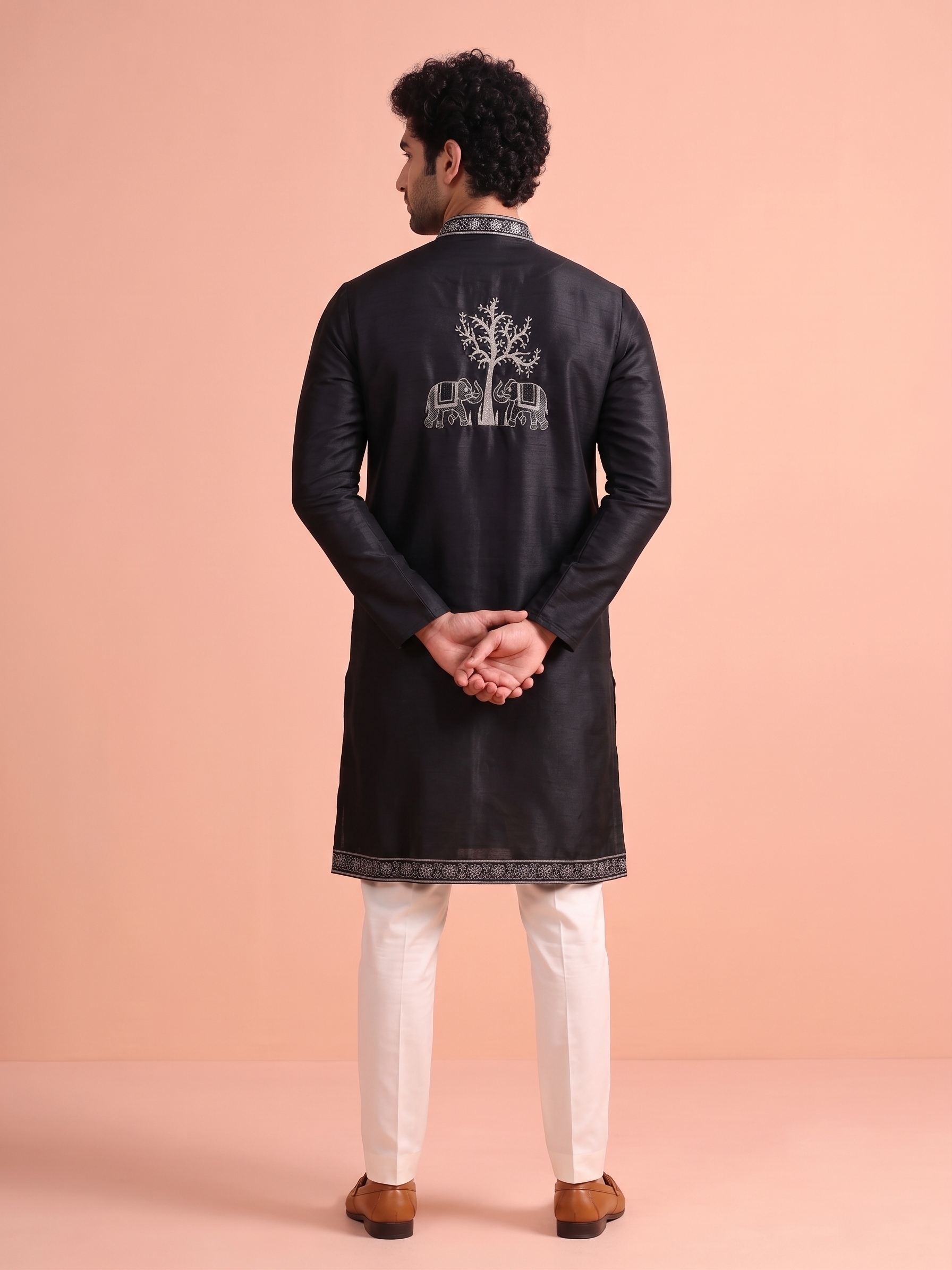 Black Embroidered Nio Satin Kurta Trouser Set — alternate view