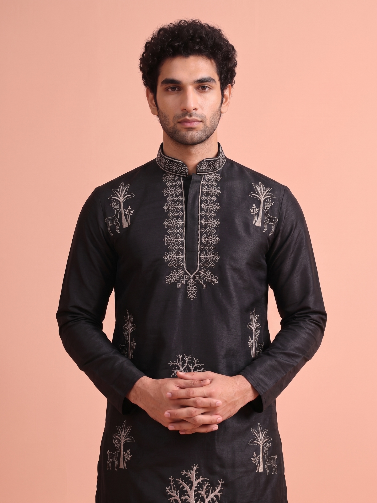 Black Embroidered Nio Satin Kurta Trouser Set