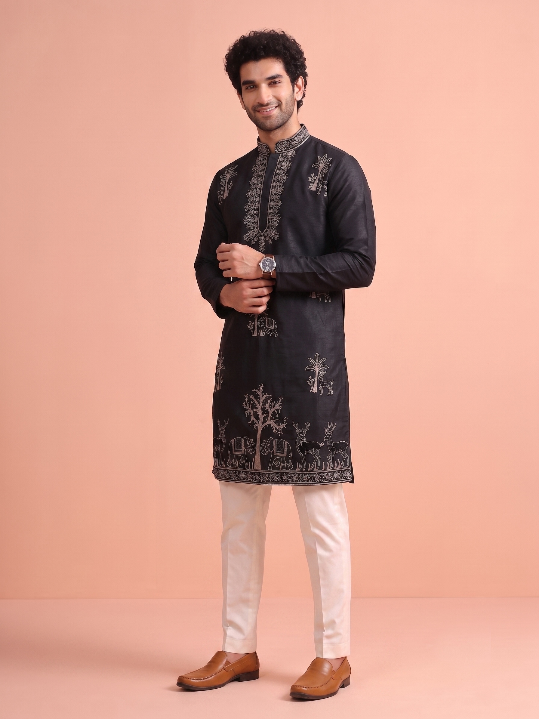 Black Embroidered Nio Satin Kurta Trouser Set