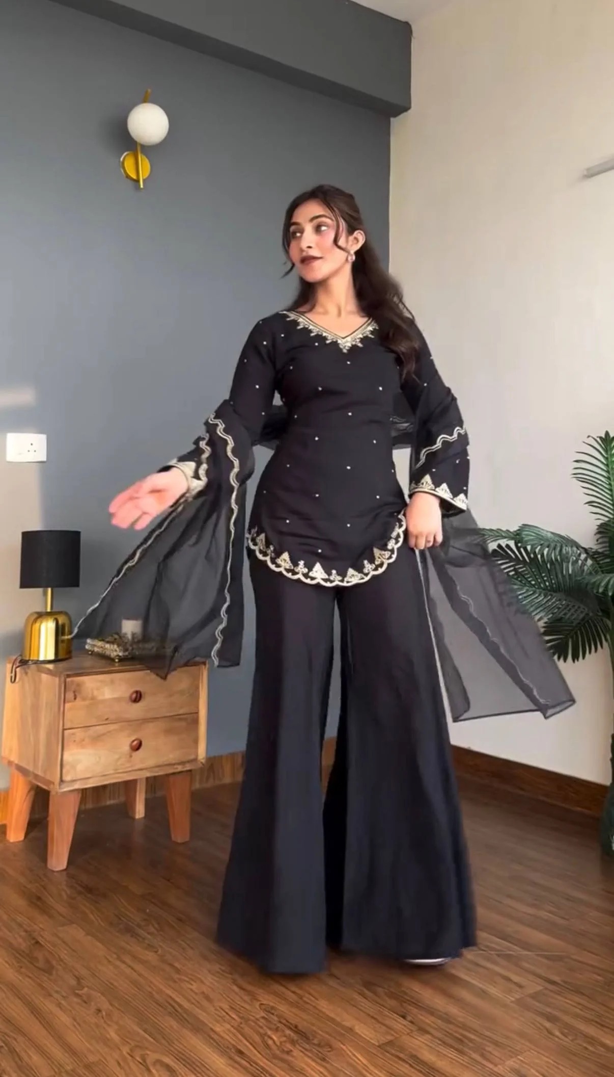 Black Embroidered Palazzo Co-ord Set