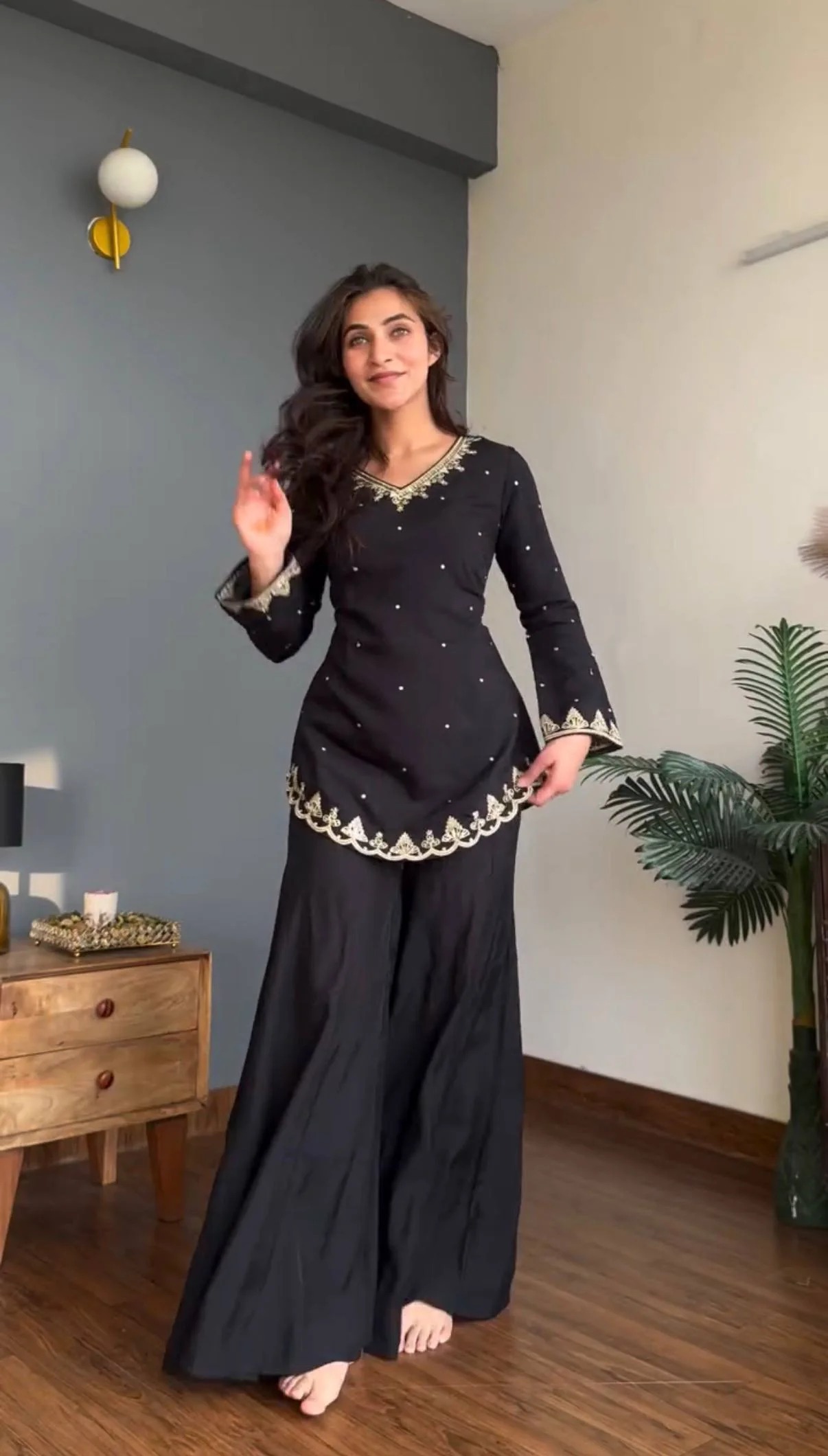 Black Embroidered Palazzo Co-ord Set