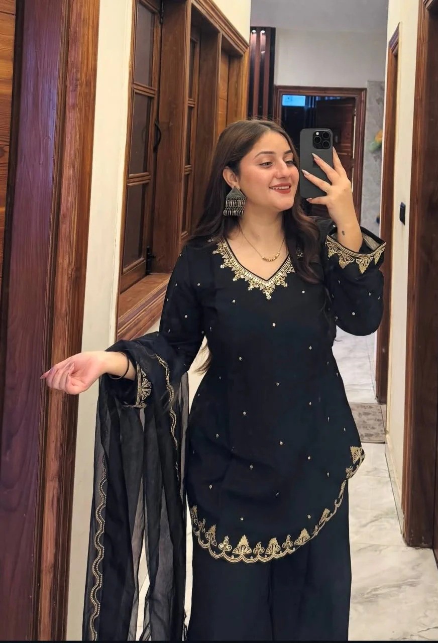 Black Embroidered Palazzo Co-ord Set
