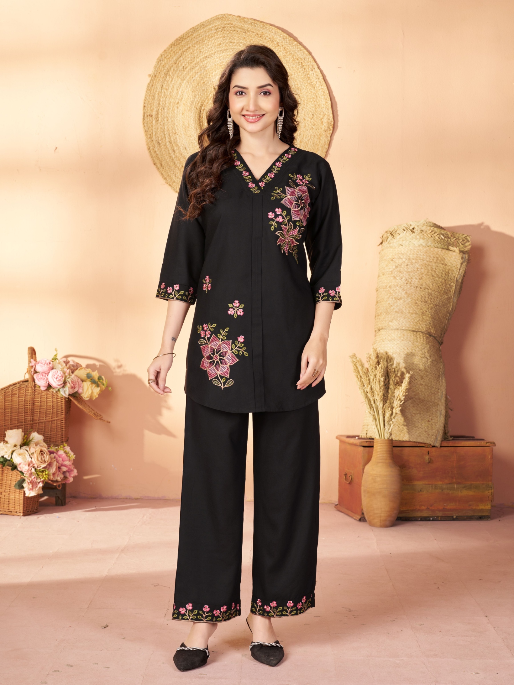 Black Embroidered Rayon Co-Ord Set
