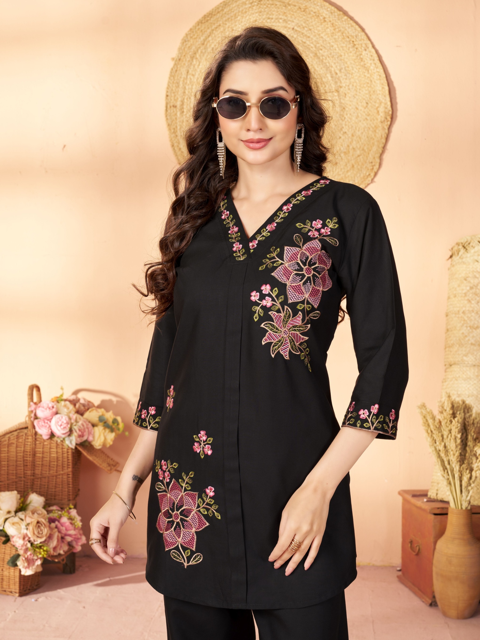 Black Embroidered Rayon Co-Ord Set