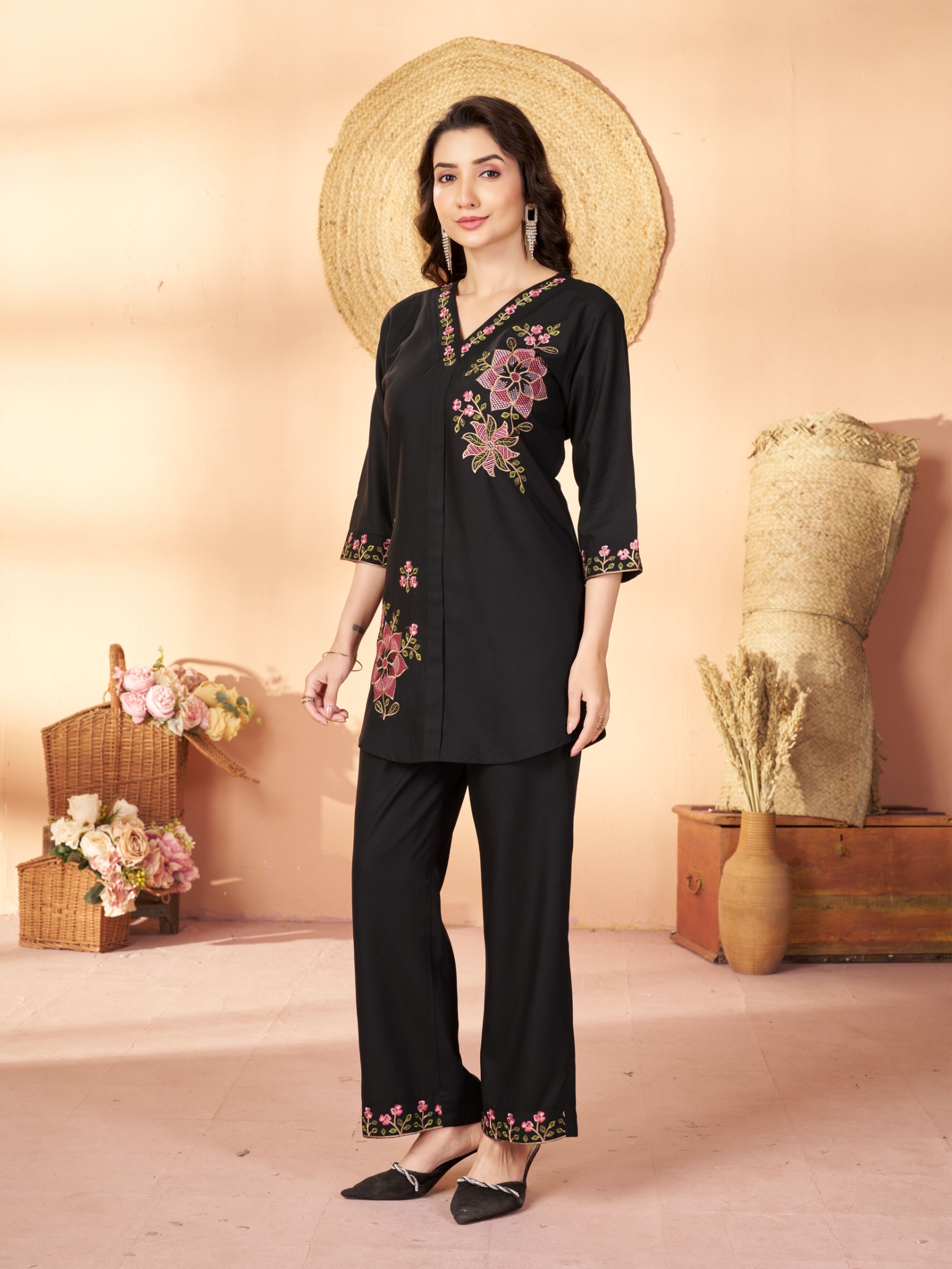Black Embroidered Rayon Co-Ord Set