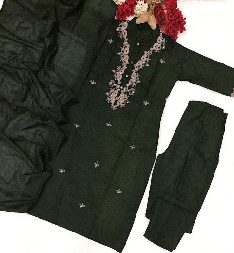 Black Embroidered Rayon Slub Salwar Suit