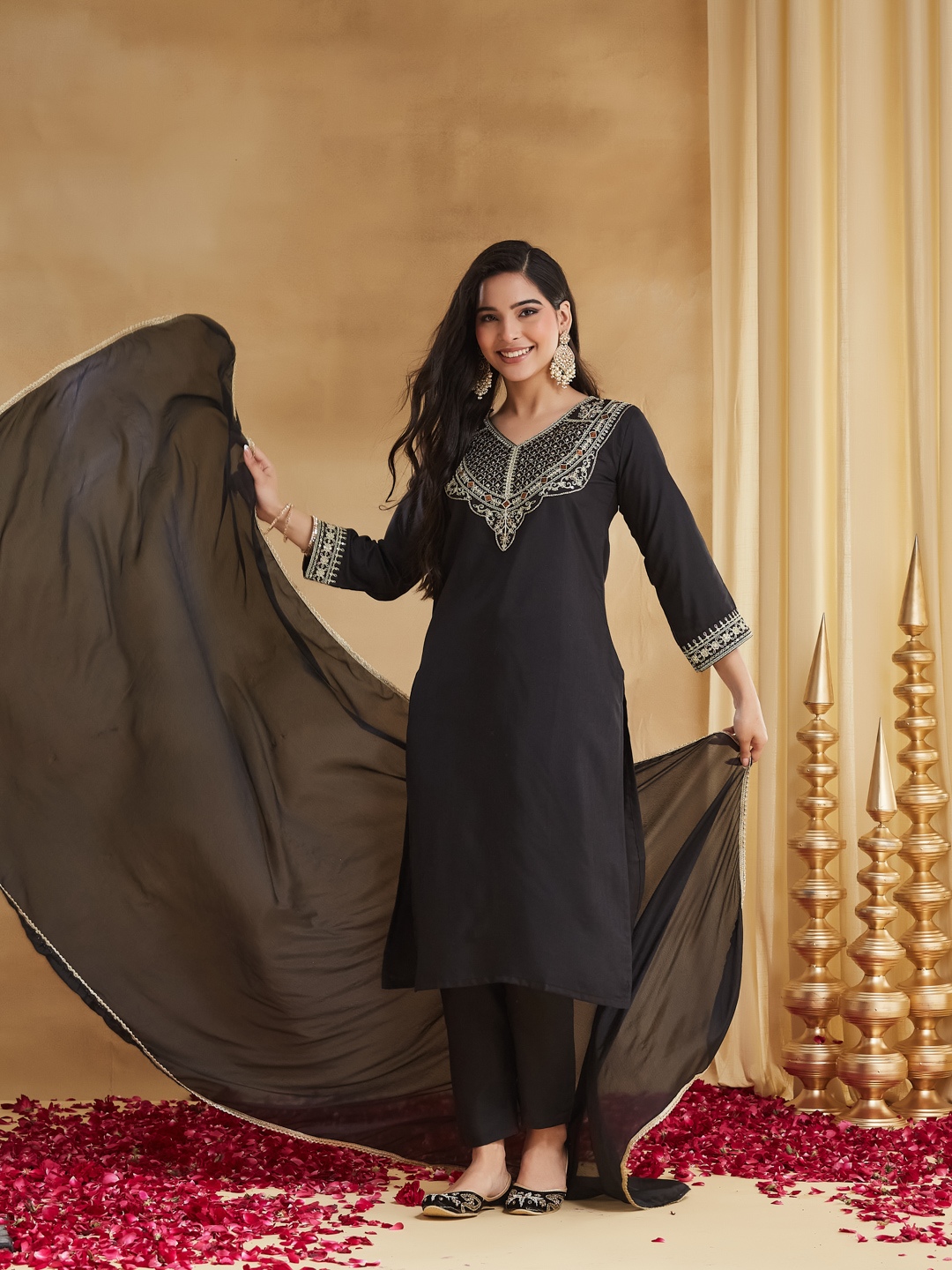 Black Embroidered Rayon Straight Suit