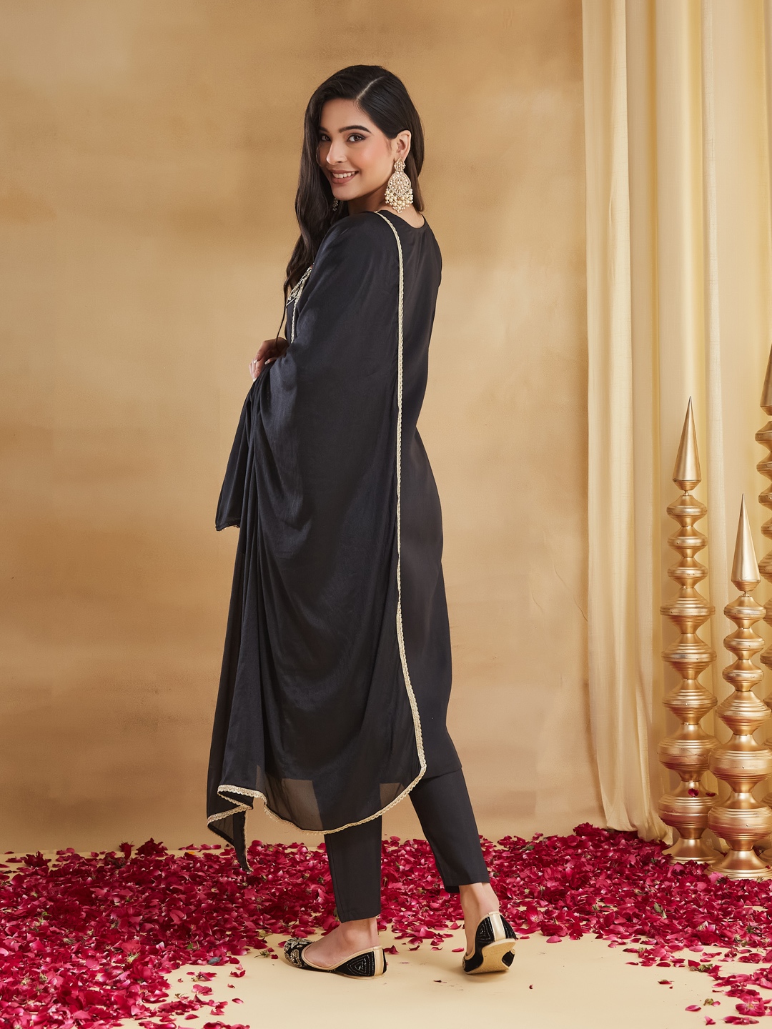 Black Embroidered Rayon Straight Suit — alternate view