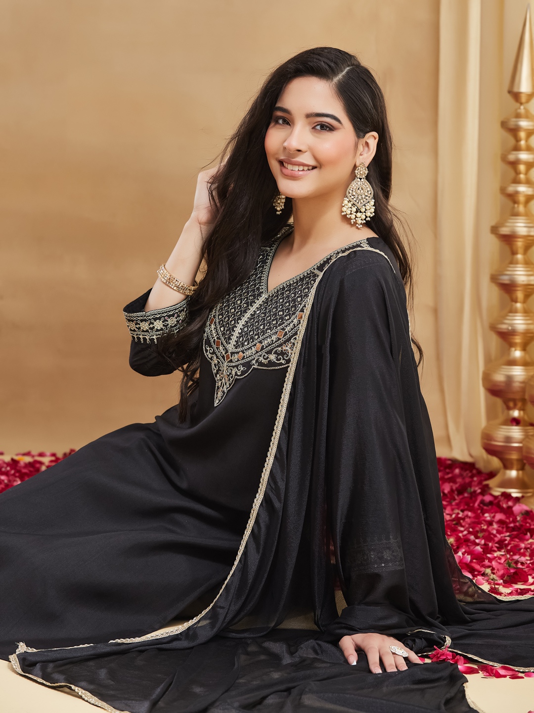 Black Embroidered Rayon Straight Suit