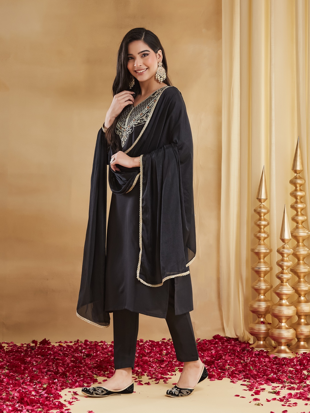 Black Embroidered Rayon Straight Suit