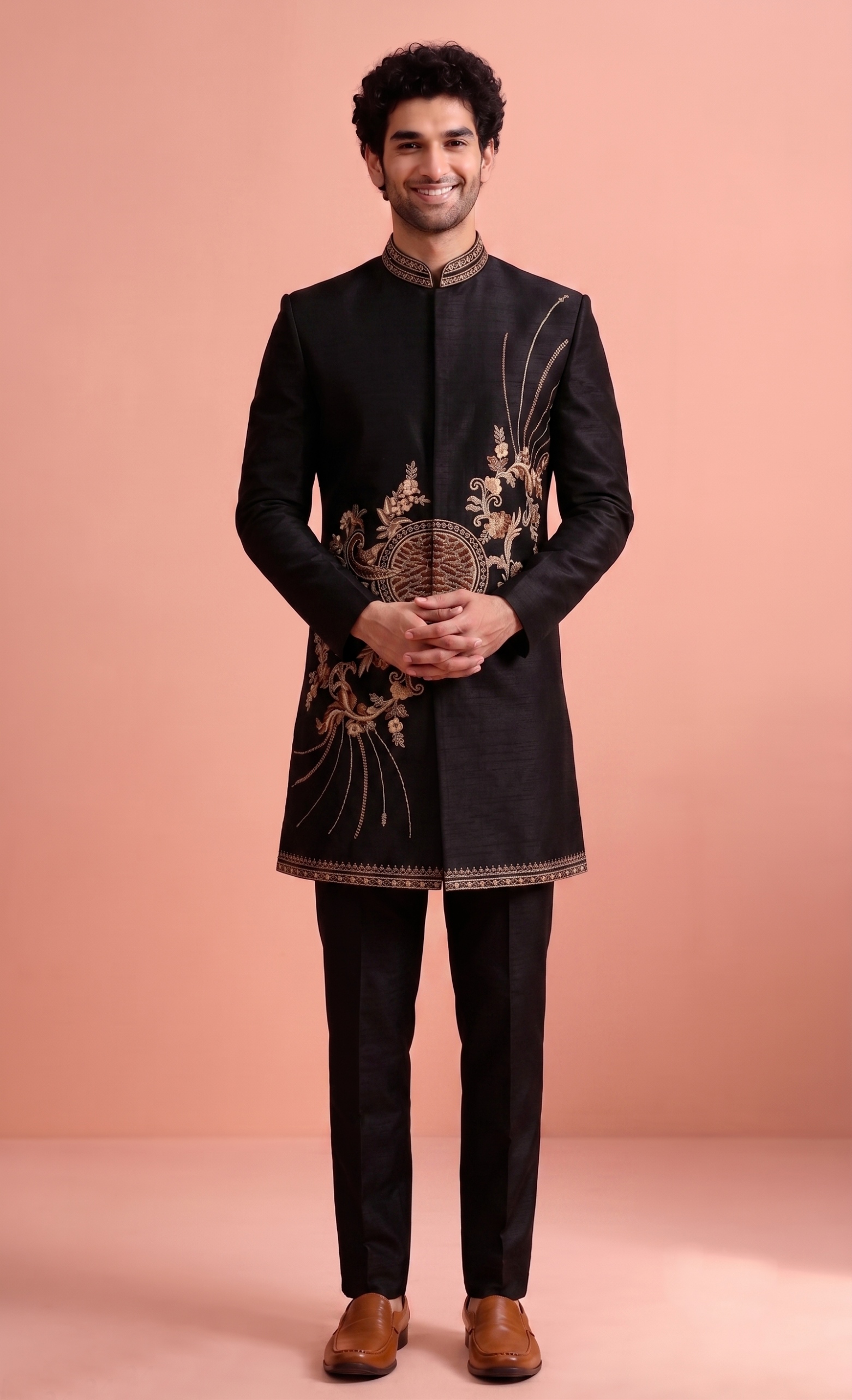 Black Embroidered Satin Indo-Western Sherwani