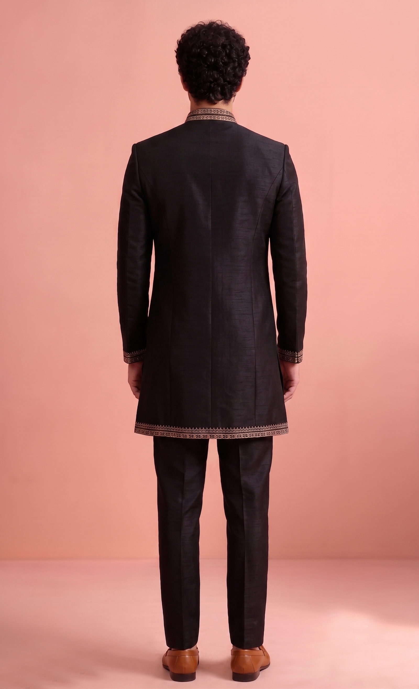 Black Embroidered Satin Indo-Western Sherwani — alternate view